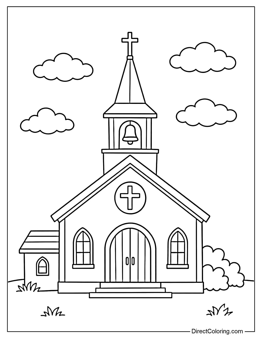 Coloring page of a simple church with a few round clouds on top.