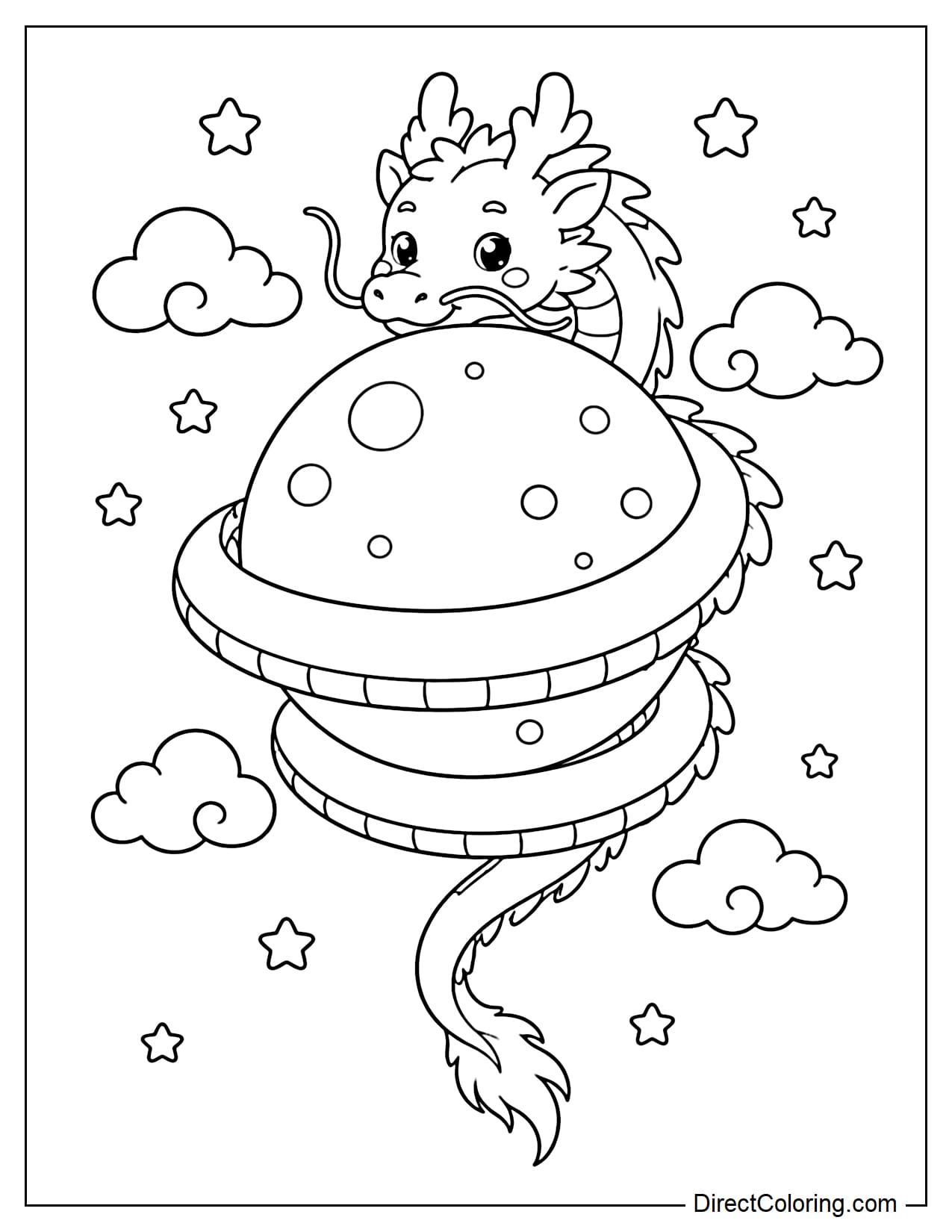 A serpent-like dragon with a very long body is curling around a large round moon, with stars and clouds around it.