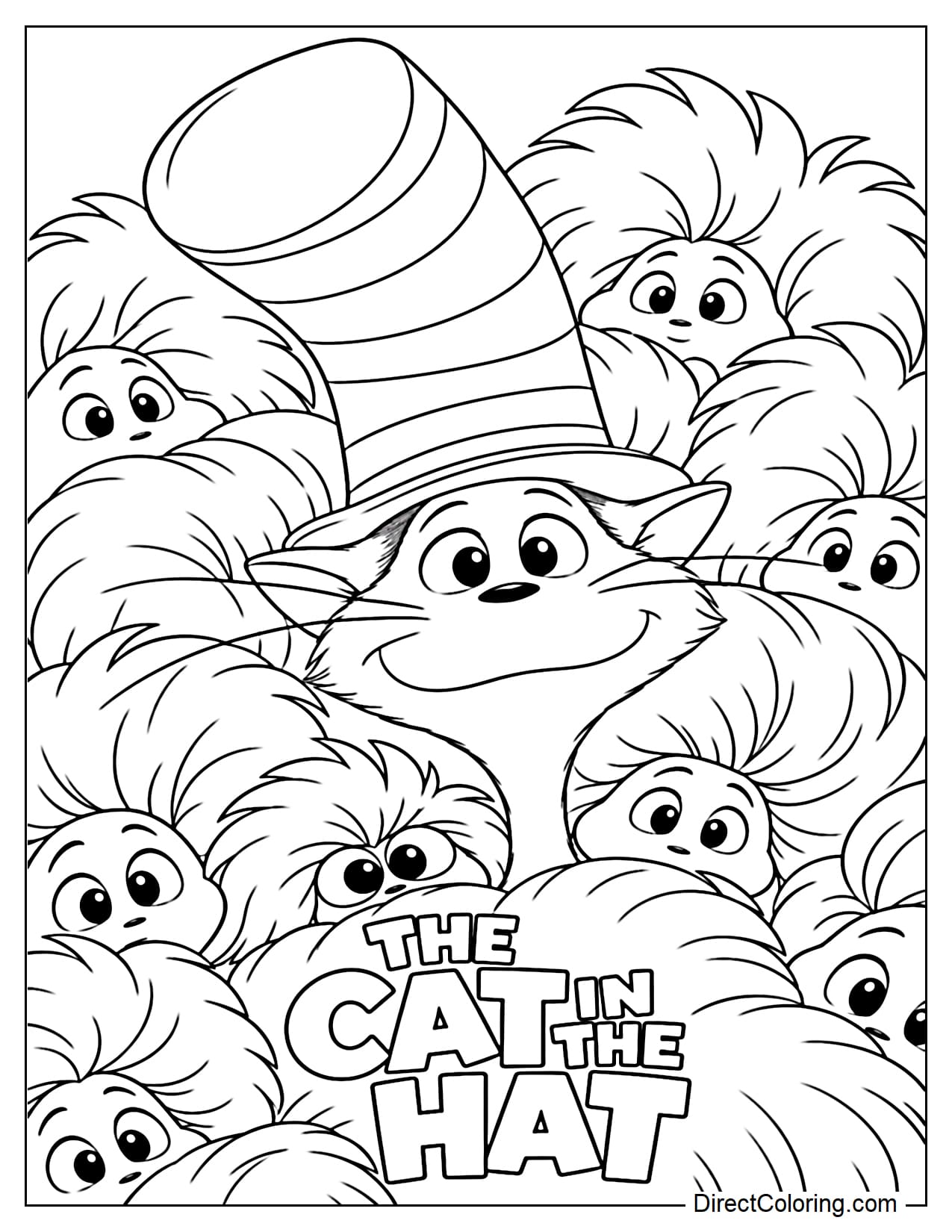 The Cat in the Hat stands cheerfully in the center wearing his signature tall striped hat, surrounded closely by several Things with large, fluffy hairstyles.
