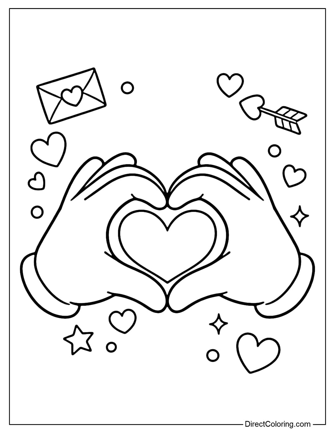A coloring page with two cute hands forming a heart shape, surrounded by Valentine's Day themed patterns.