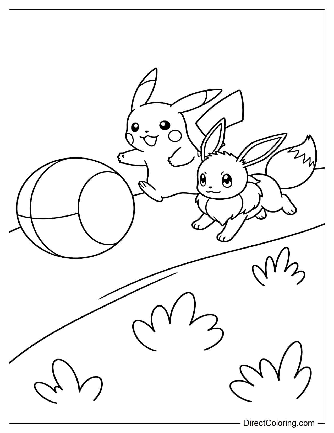 Pikachu and Eevee are happily chasing a large round ball, Pikachu in front and Eevee leaning to chase, with some grass below.