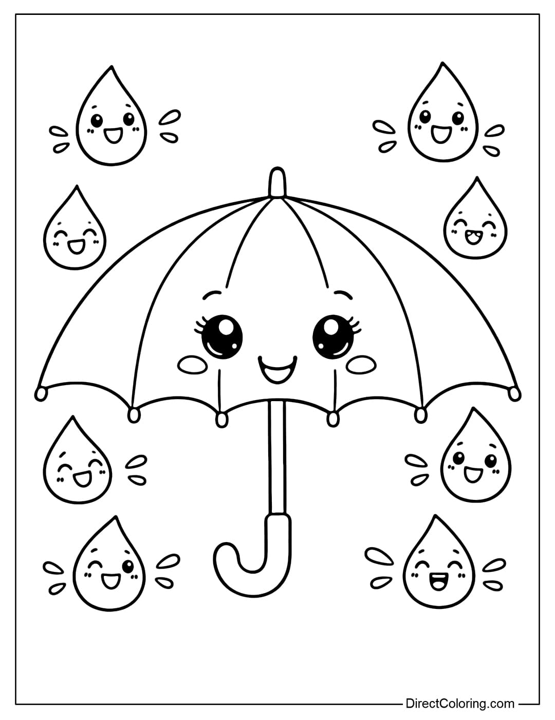 A coloring page featuring a large umbrella with an adorable face, surrounded by small raindrops also with a cheerful expression.
