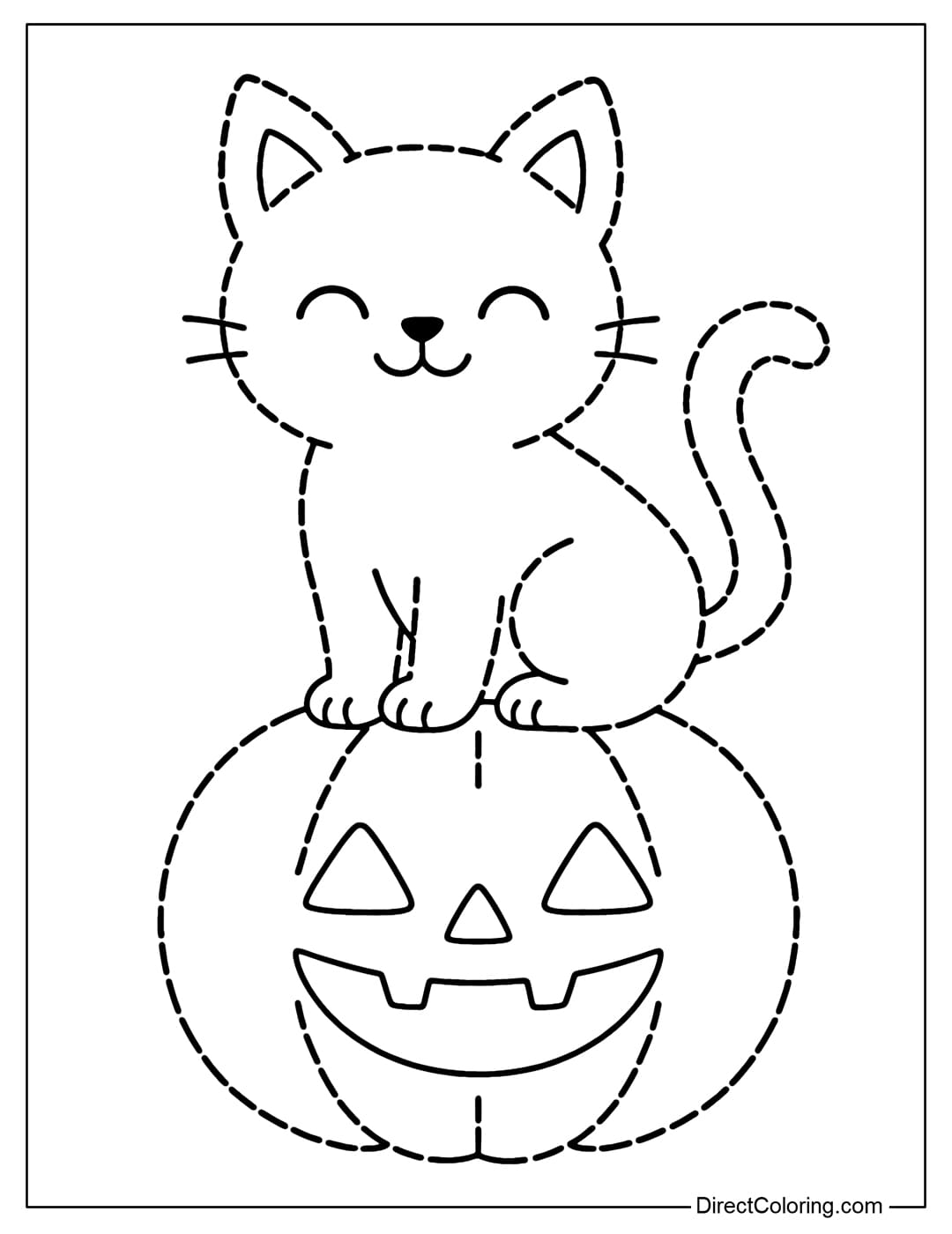 A cat tracing coloring page sitting on a pumpkin, curled tail.