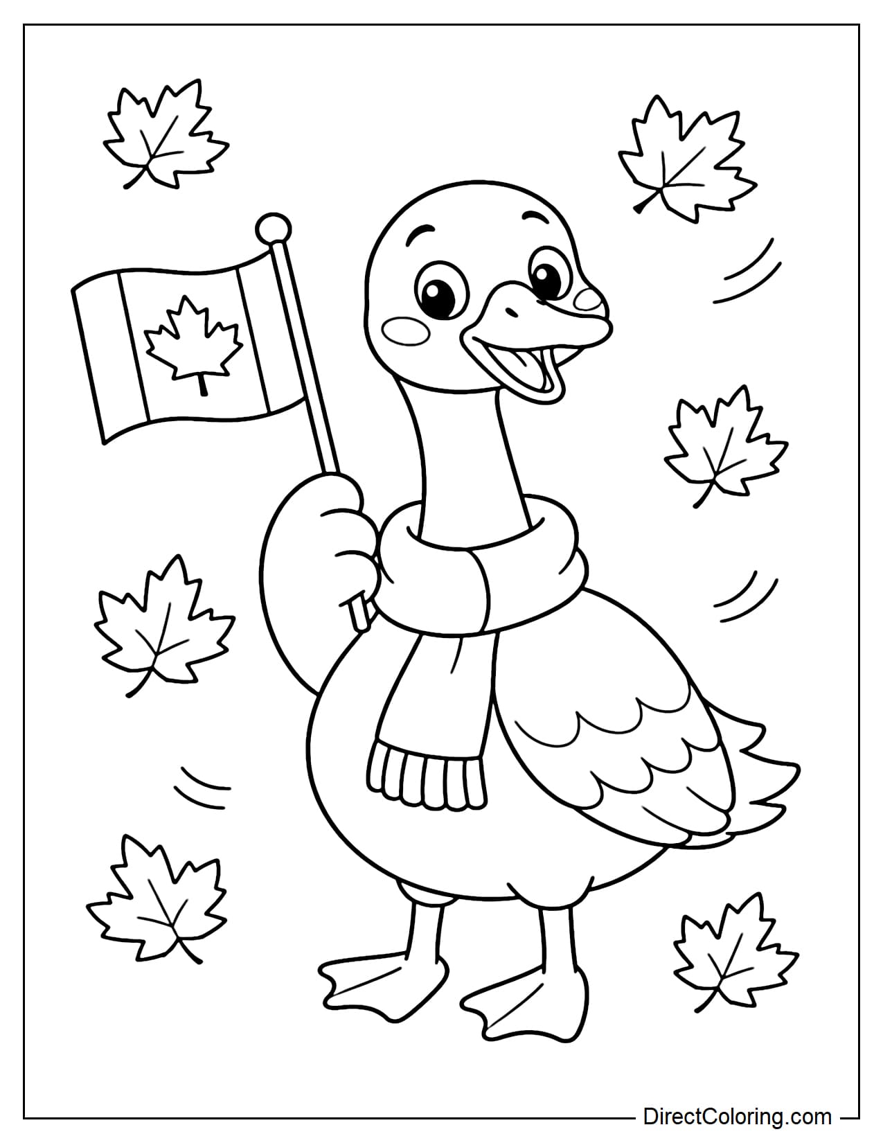 A cartoon Canadian goose wearing a scarf and holding a small Canadian flag with a cheerful expression, surrounded by maple leaves.