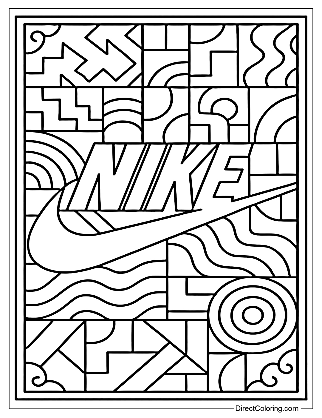Monochrome Nike logo coloring page created with geometric shapes, waves and abstract patterns, and an artistic border background.