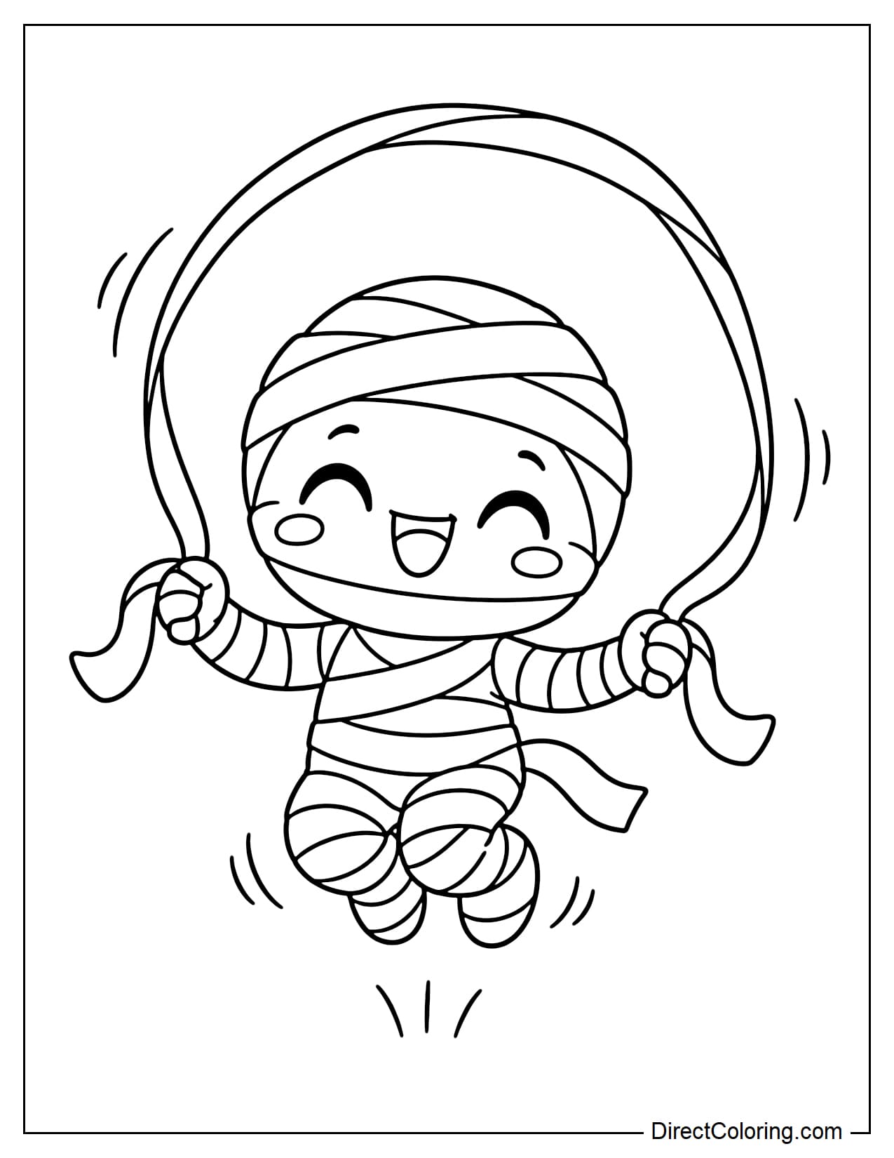 A small mummy is happily jumping rope using one of its own long bandages.