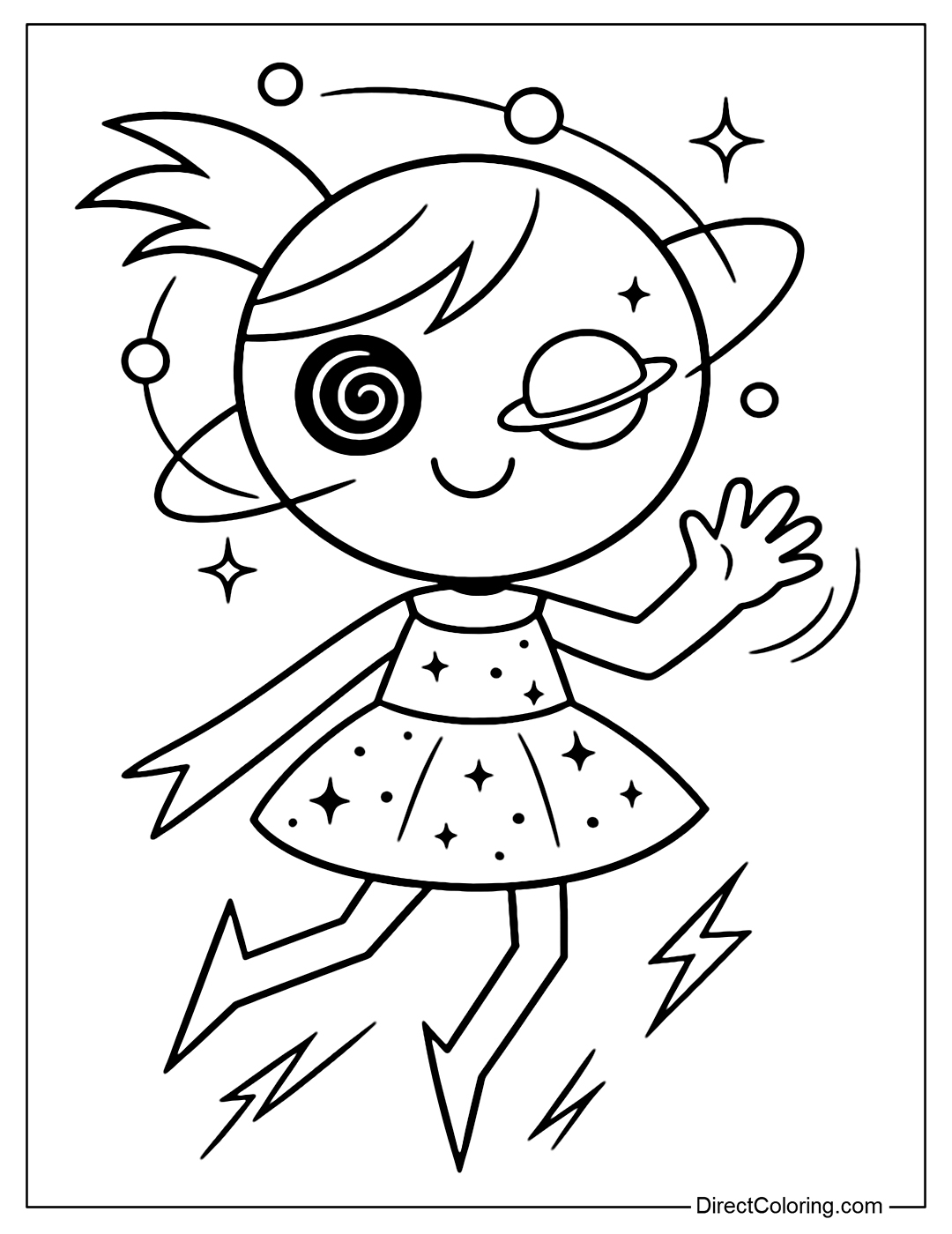 Orbit Planet Doll Coloring Page is a strange planet, the round head floats not touching the neck. The left eye is a deep black hole, the right eye is a planet with a ring.