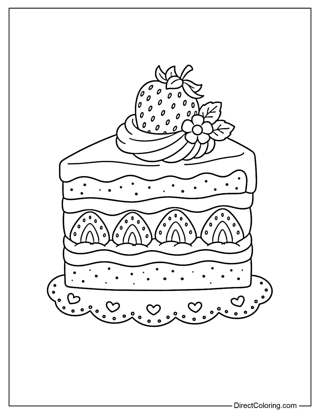 Coloring page of a multi-layered cake slice with strawberries in between and a strawberry on top.