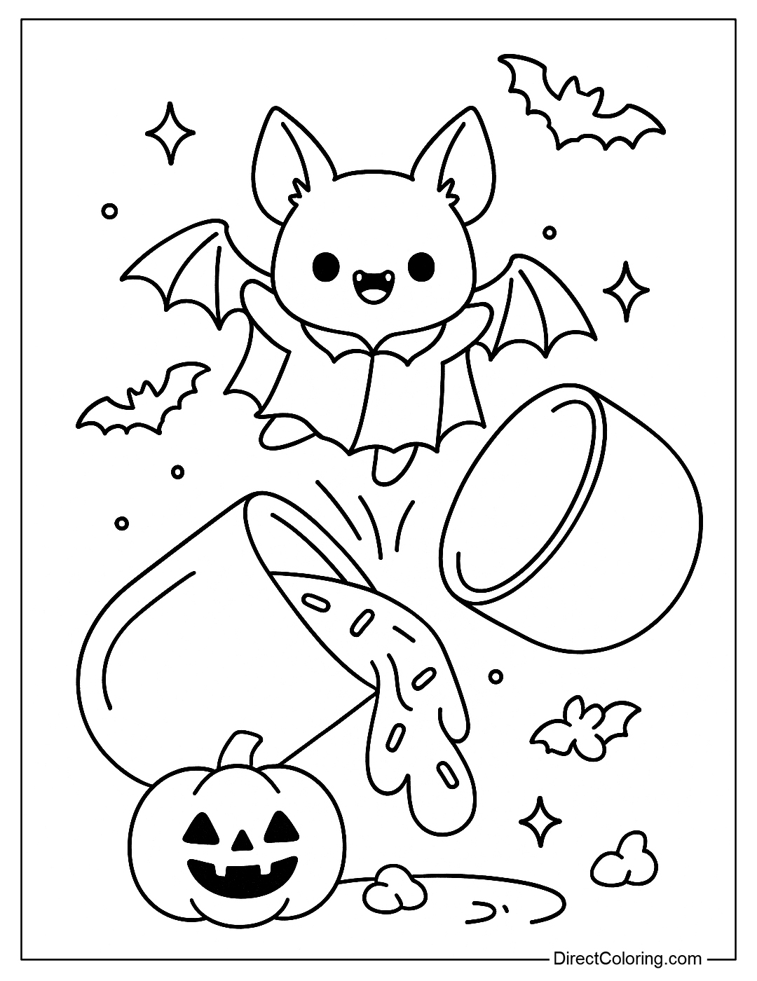 A coloring page of a capsule with a little bat wearing a vampire cape flying out of a Halloween capsule, surrounded by pumpkins and baby bats
