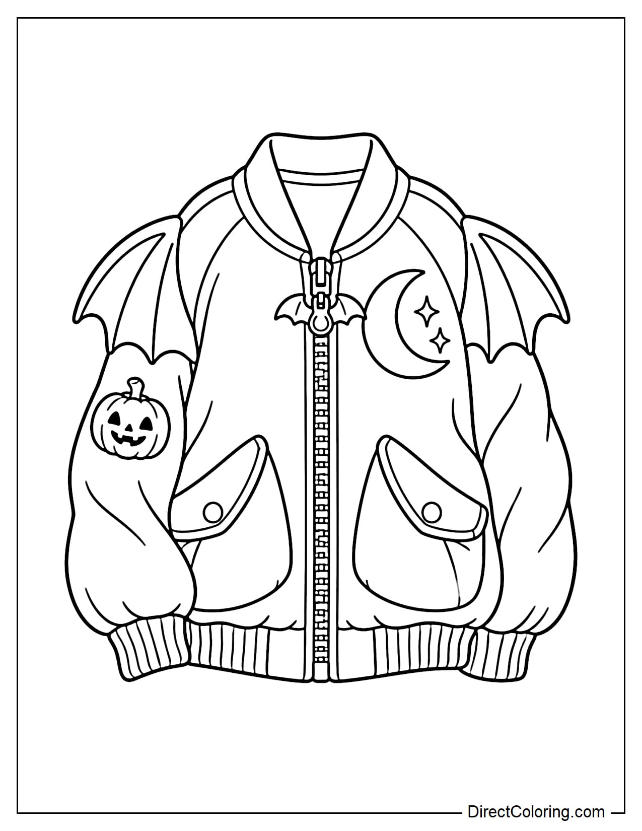 A Halloween bomber jacket with a wide body, bat-wing details on the shoulders and sleeves, a front zipper, two large pockets, a crescent moon patch on the chest, and a small pumpkin patch on one sleeve.