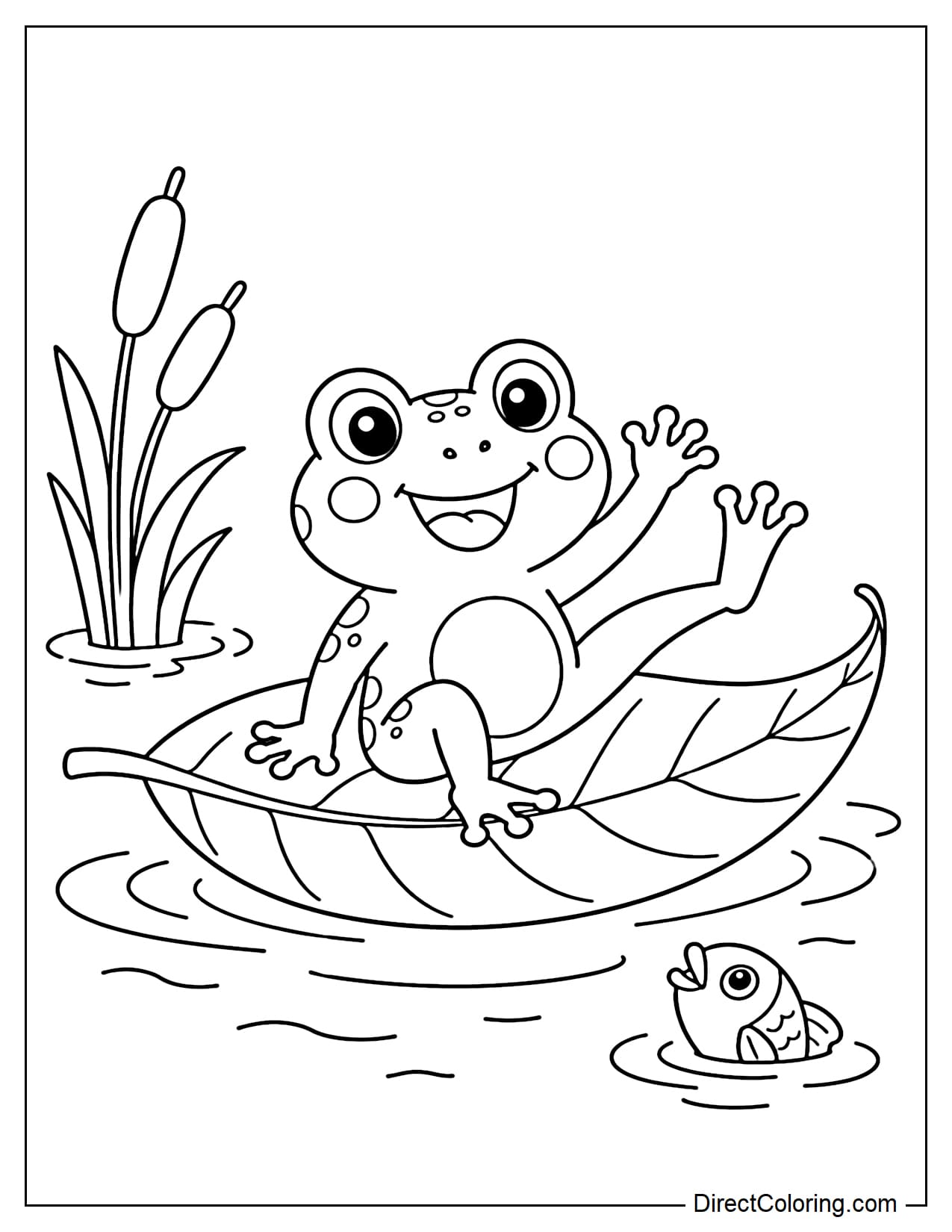 A frog is sitting on a large leaf like a boat floating on the water, surrounded by ripples, small reeds, and a tiny fish emerging from the pond.