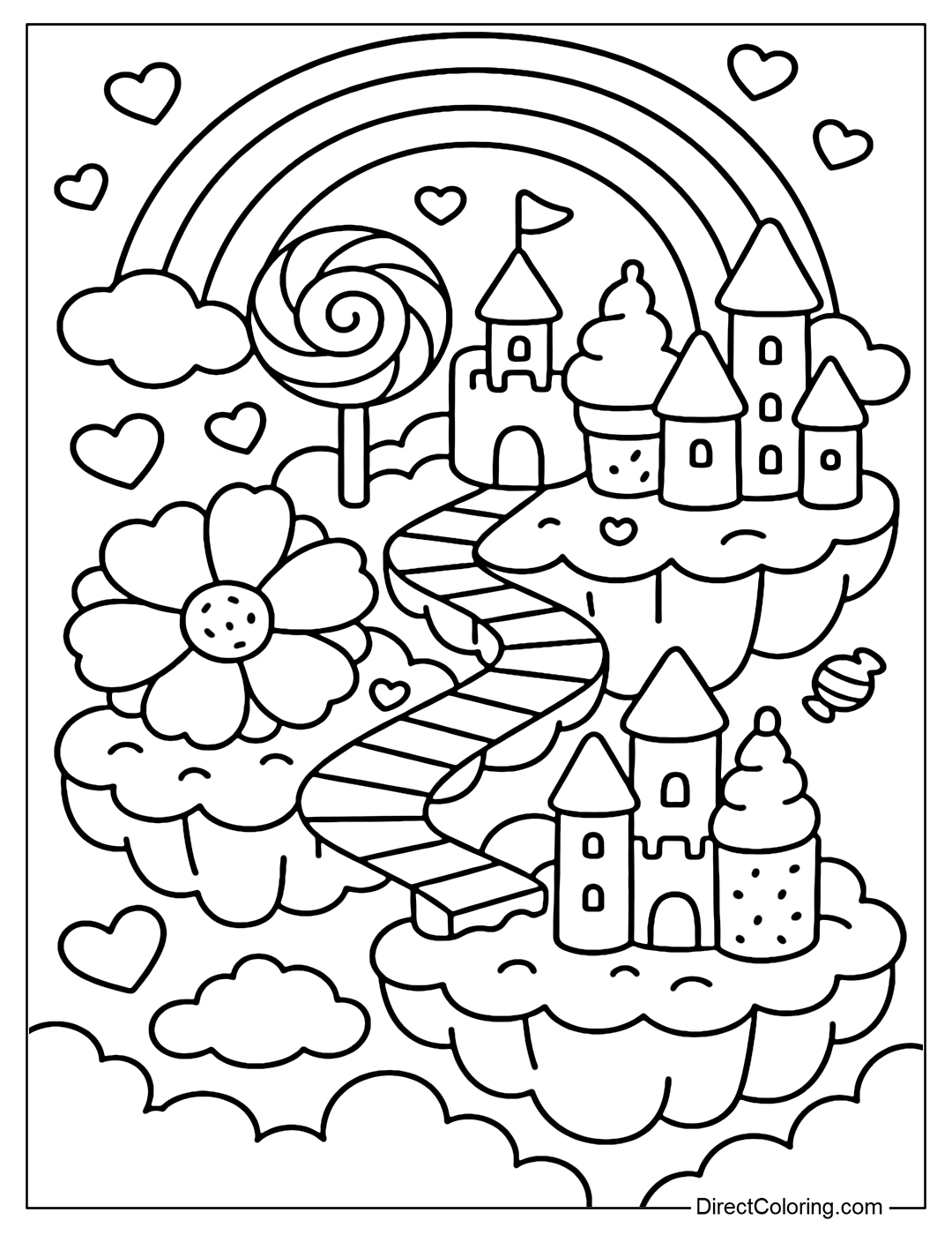Coloring page of a giant candy kingdom floating on the sea of clouds, with castles made of twisted lollipops, cookies, and cotton candy.