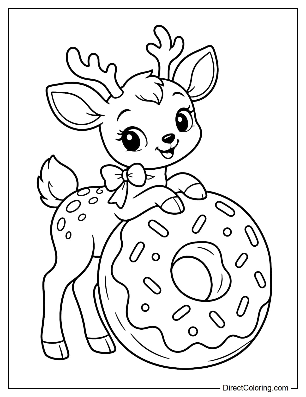 A cute deer leaning against a giant upright donut with both front legs resting on it.