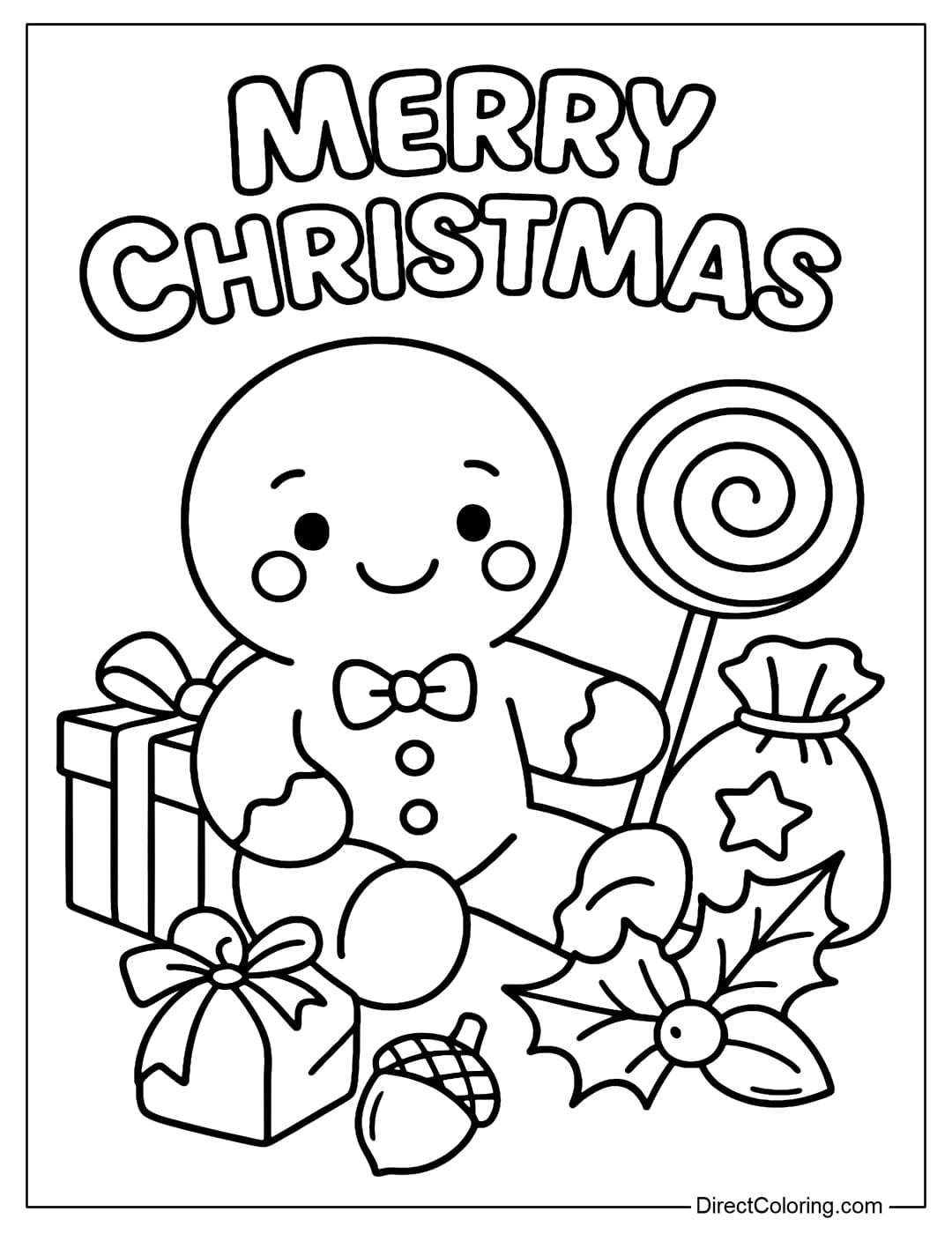 Coloring page of gingerbread man sitting next to gift box, lollipop, Christmas gift bag, plastic leaves and chestnut, above the word Merry Christmas.