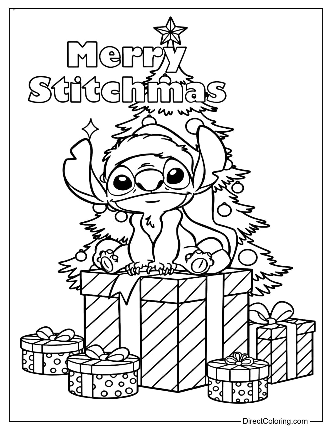 Coloring page Stitch dressed as Santa sitting on a large gift box, surrounded by small gift boxes, behind is a large Christmas tree.