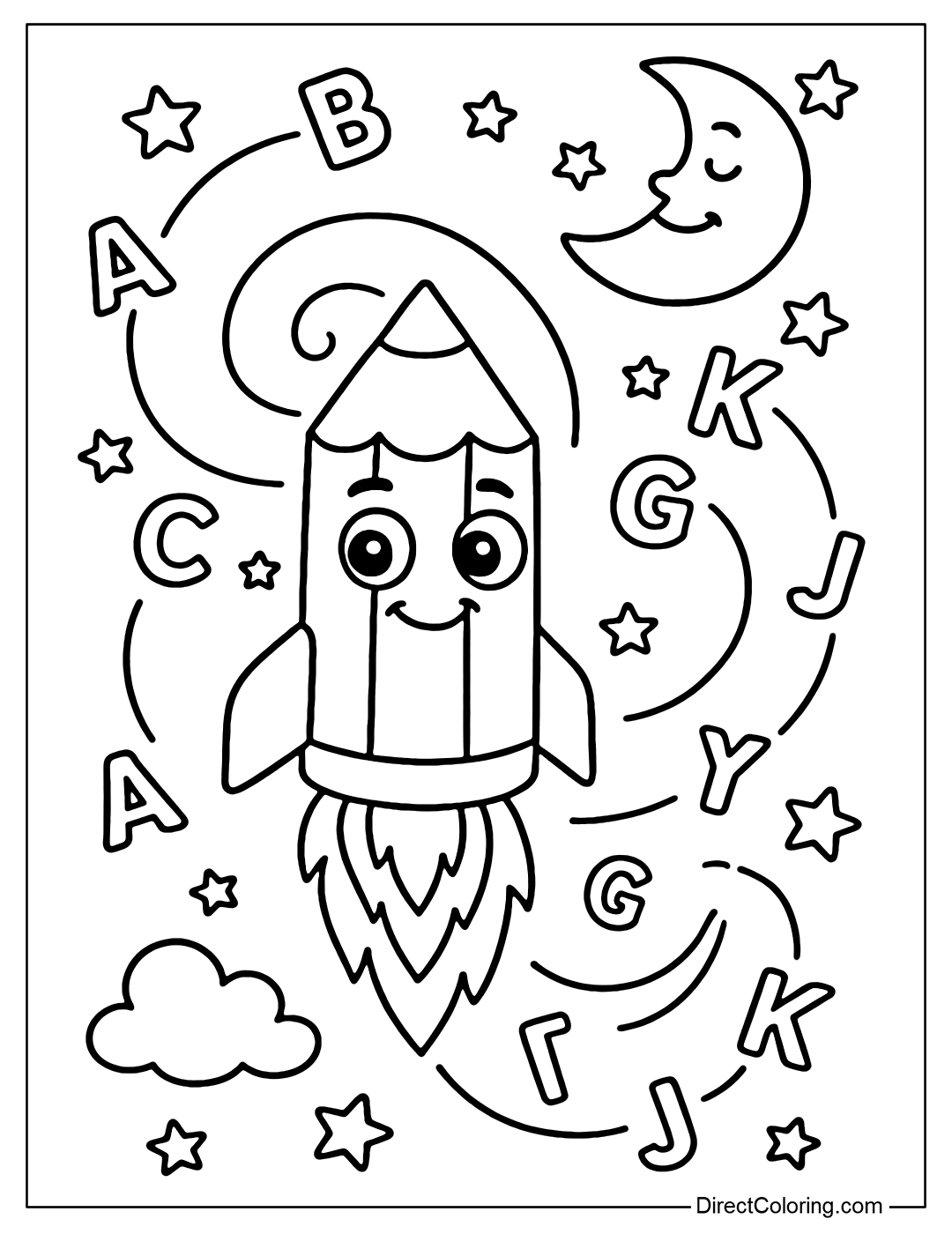 Coloring page of a pencil turning into a rocket flying in the starry sky, surrounded by spiraling letters, with a smiling moon and fairy tale clouds.