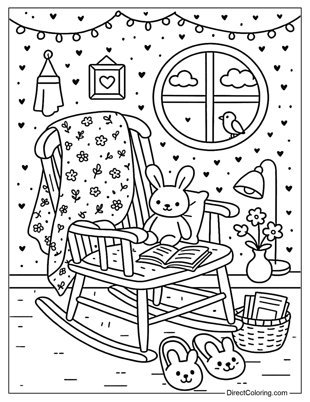 Rocking chair coloring page with a thin blanket, books, stuffed animals and cute animal slippers below.