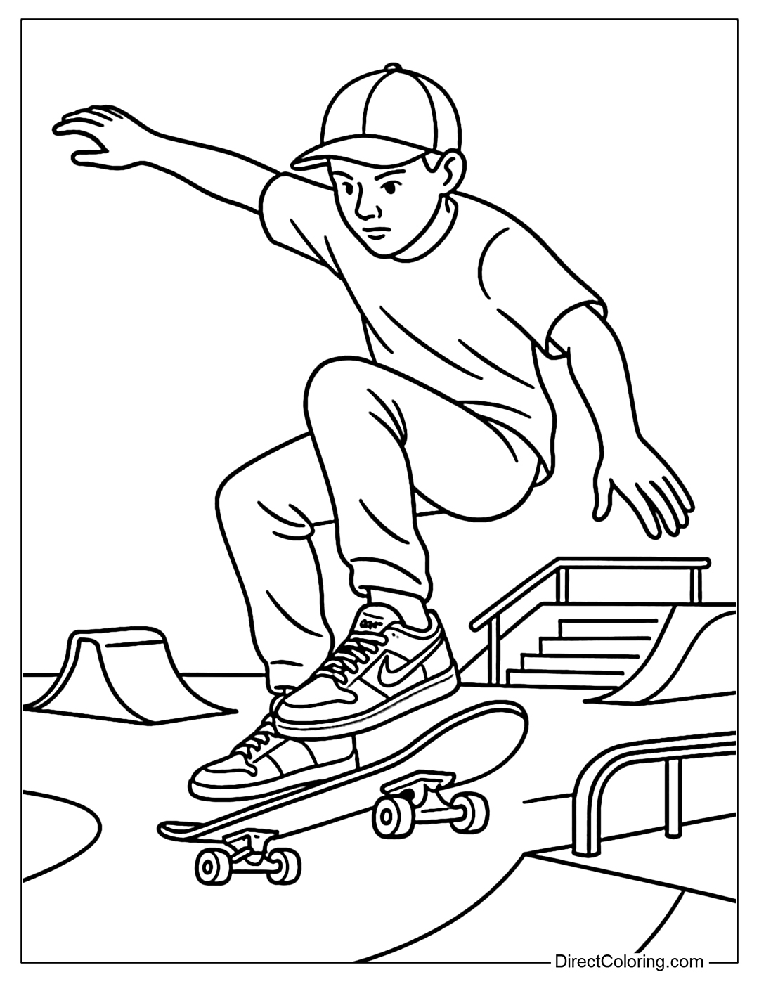 A street skateboarding scene coloring page, a character wearing Nike SB shoes, and a fun skate park background.