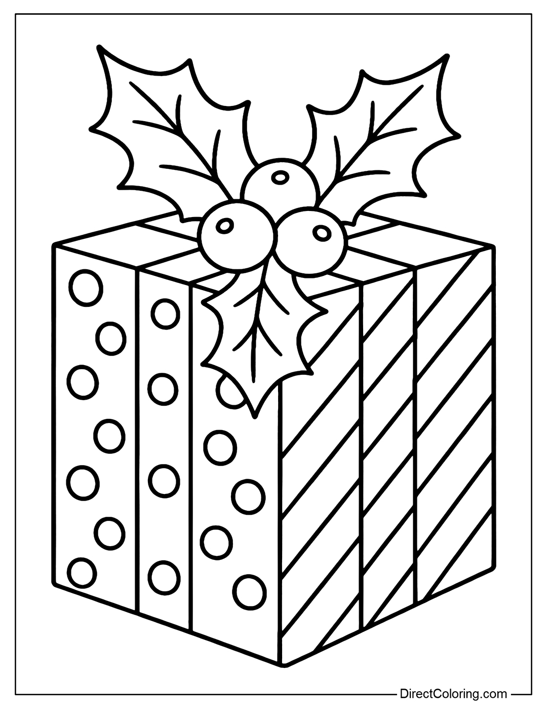 A gift box coloring page with a holly leaf bow featuring a large box decorated with polka dots and peppermint stripes.