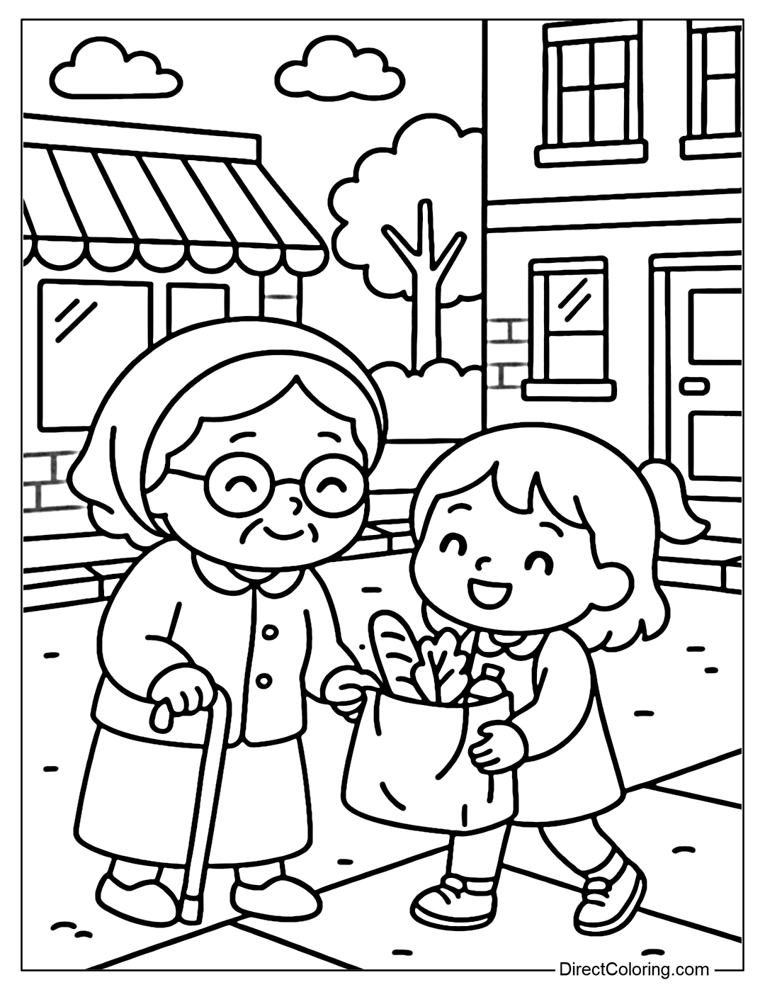 A little girl's beautiful act of helping an elderly person carry things, a peaceful small street scene.