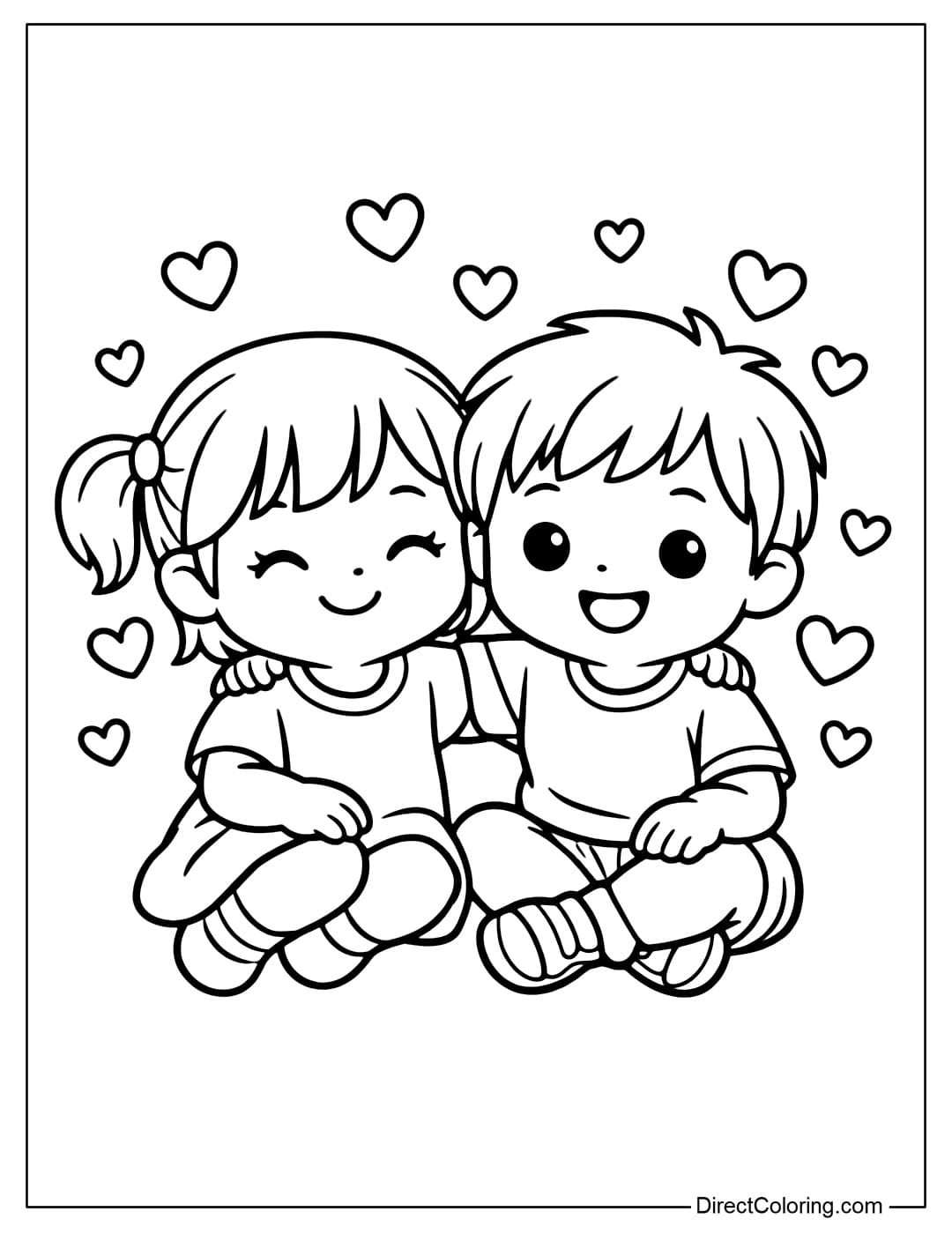 A coloring page featuring two friends sitting next to each other, smiling, surrounded by little hearts.
