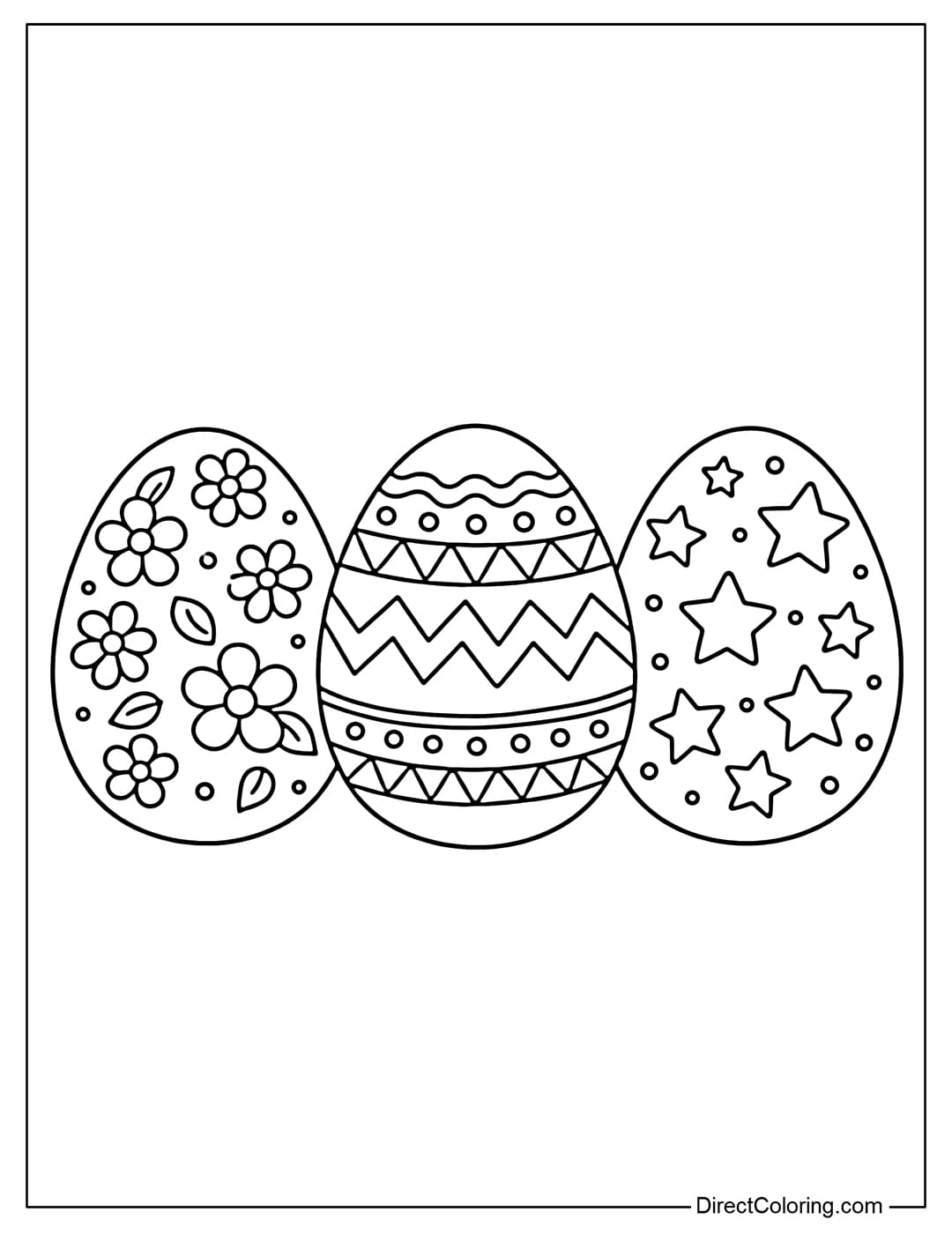 A coloring page of three Easter eggs standing next to each other, each with a different pattern such as flowers, zigzags, and stars.