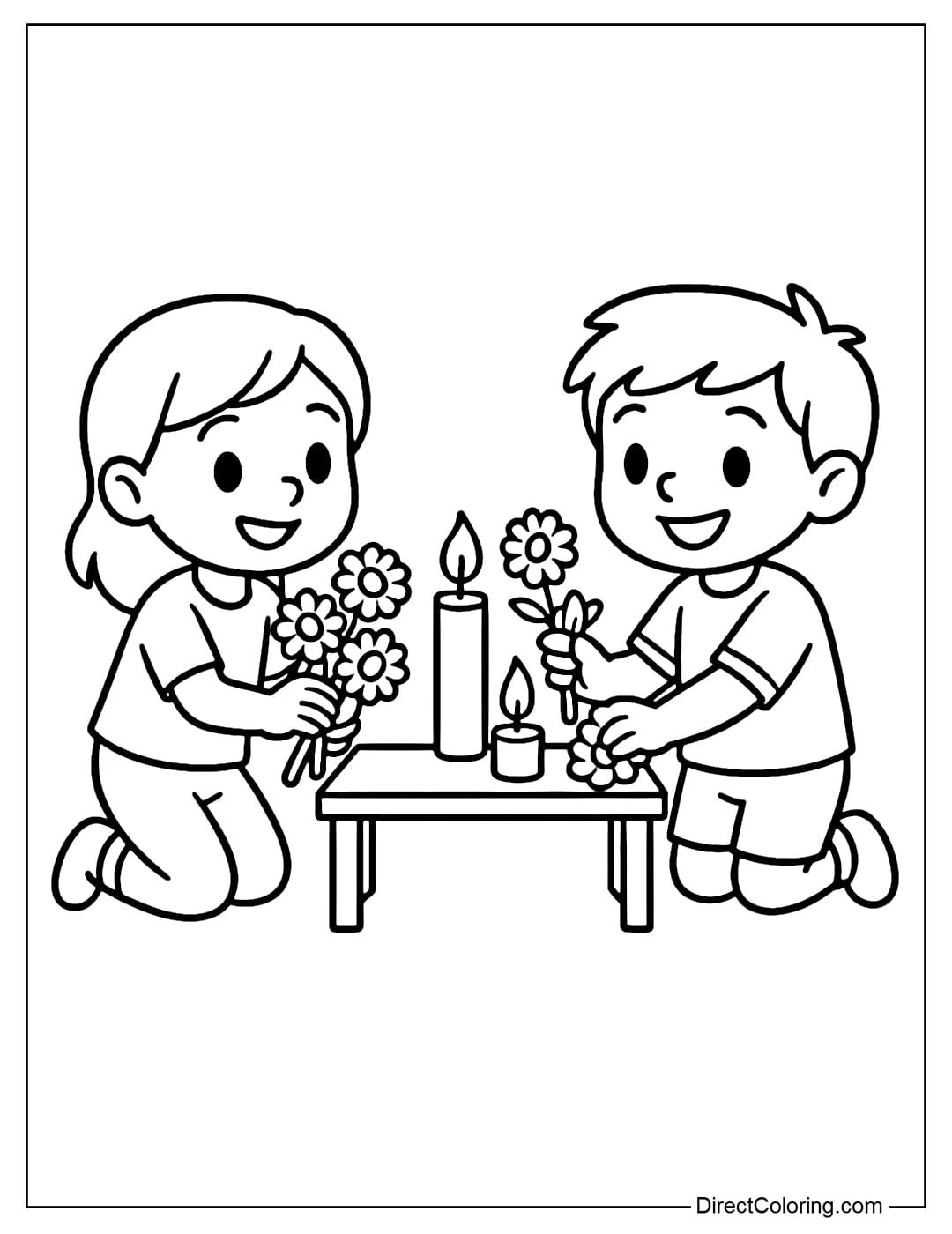Two children are placing flowers and candles on a small altar, smiling happily.
