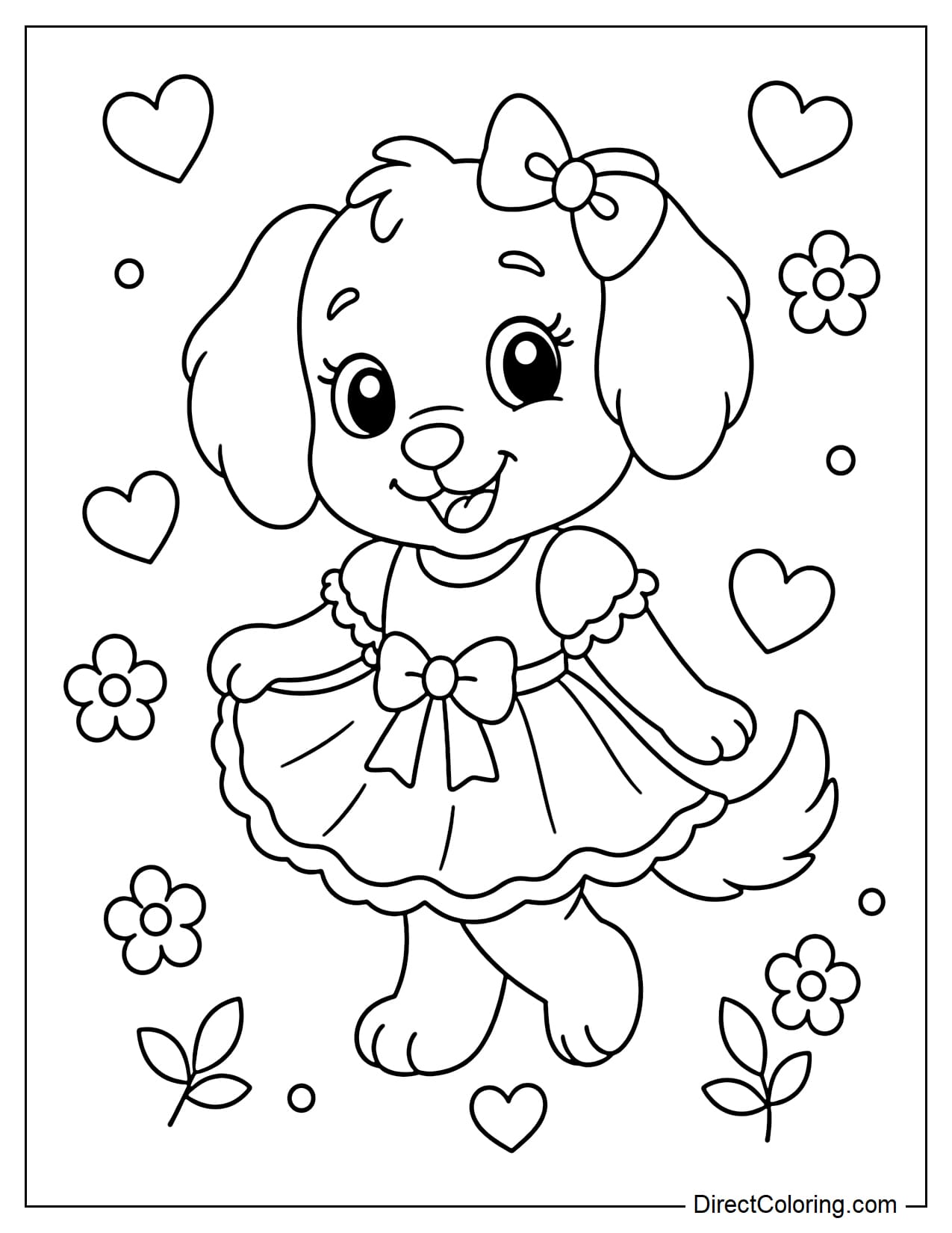 A puppy wears a lovely flared dress, stands in a relaxed and happy pose, surrounded by small hearts and flowers.