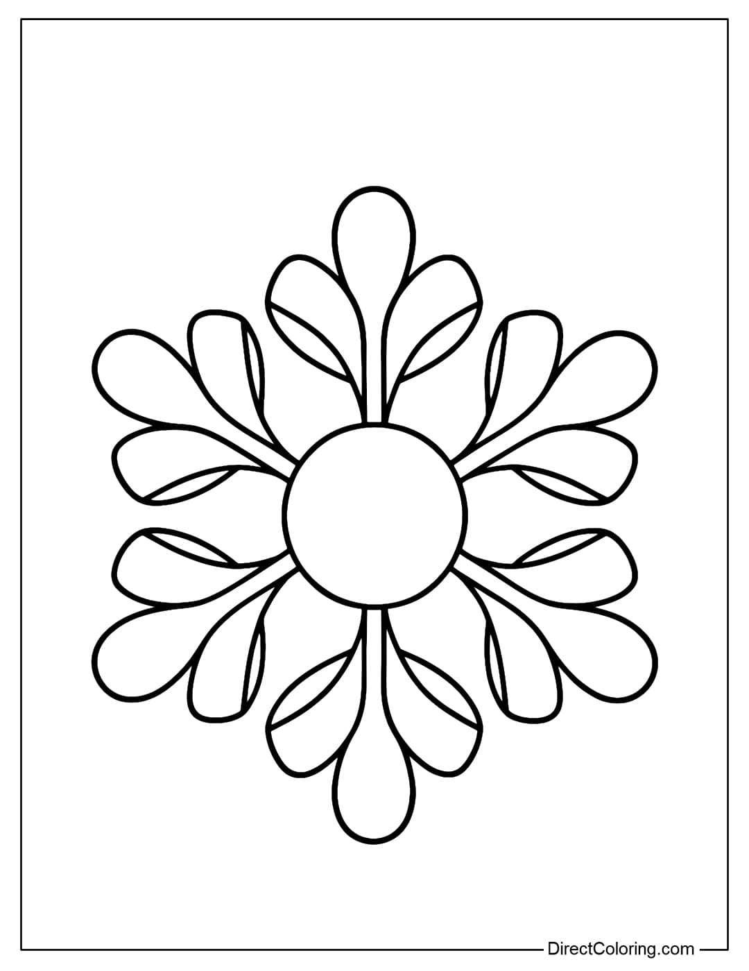 A coloring page of a six-petaled snowflake with ribbon-like petals on each branch.