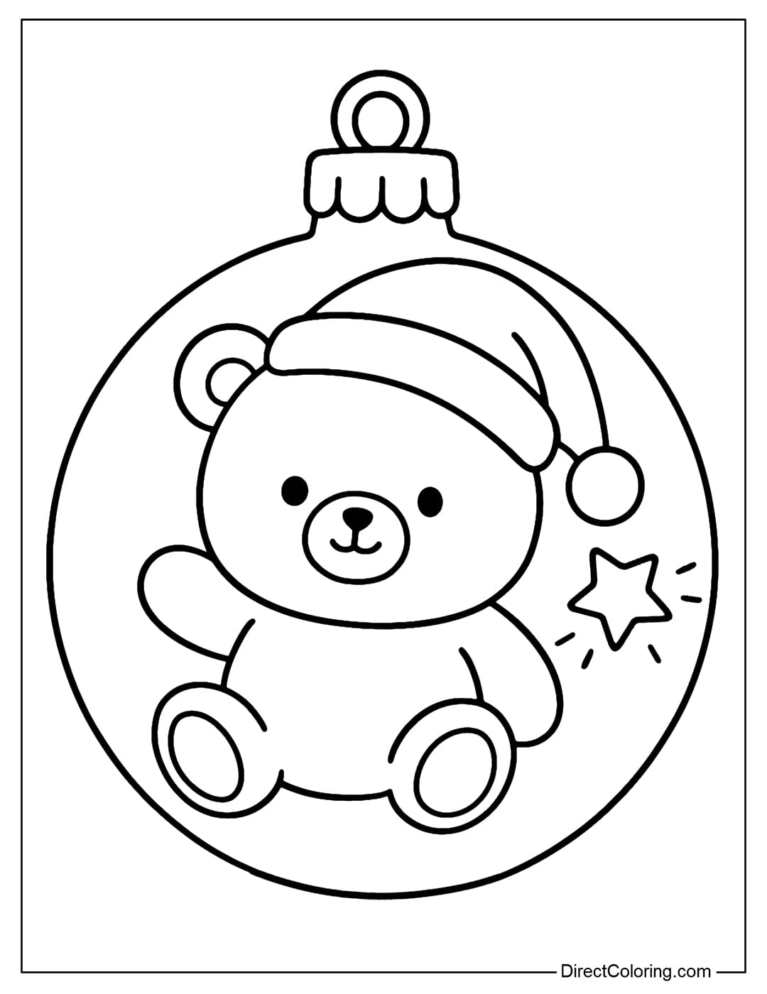 A bauble coloring page with a teddy bear wearing a Santa hat sitting in a bauble with a sparkling star.