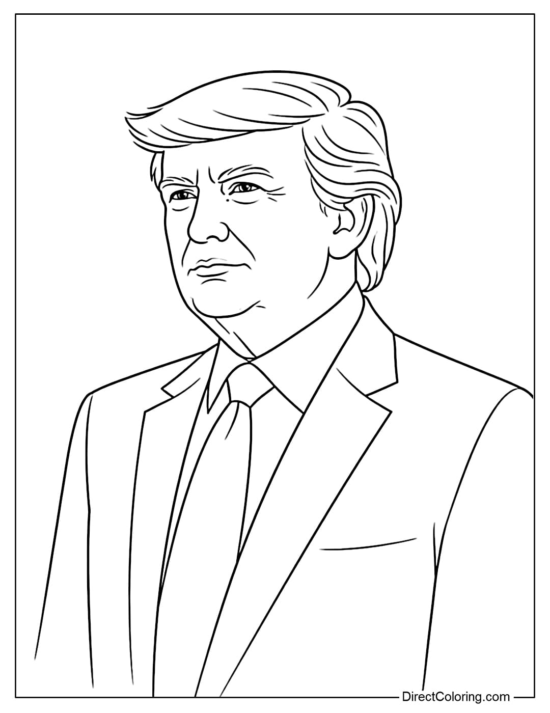A coloring page of Donald Trump in a slightly angled 3/4 view, with a simple drawing of his face.