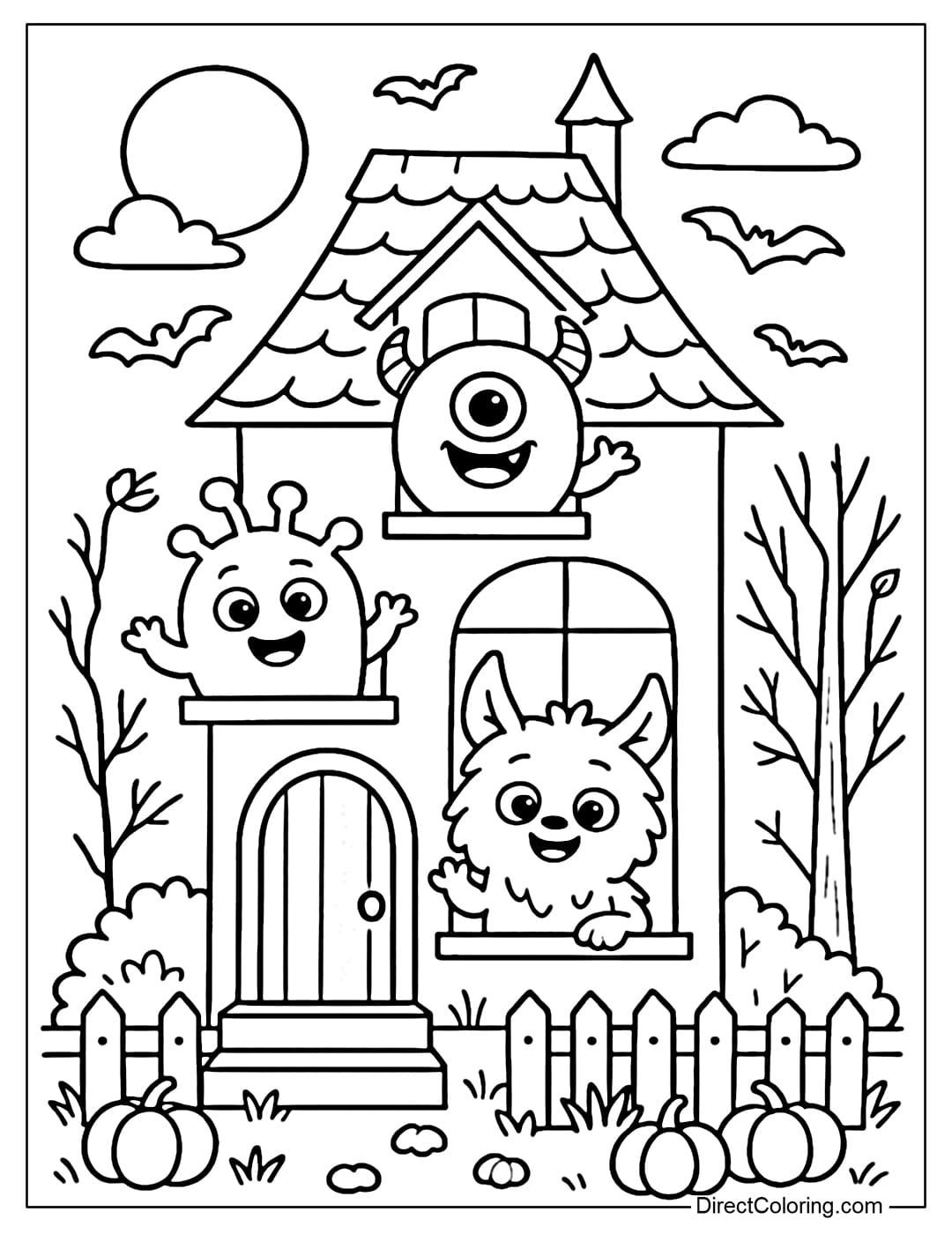 A friendly haunted house coloring page with a few cute monsters sticking their heads out of the window, with a stylized moon and bats in the sky.
