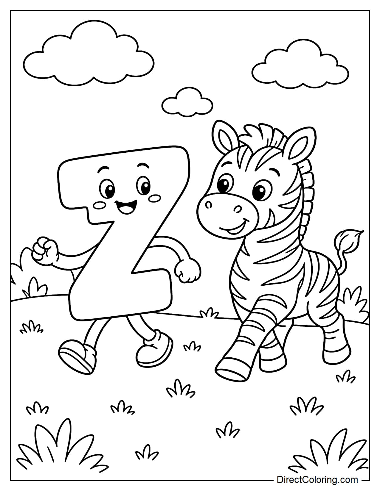 The cheerful letter Z is strolling with a friendly zebra in a meadow, surrounded by bushes and clouds.