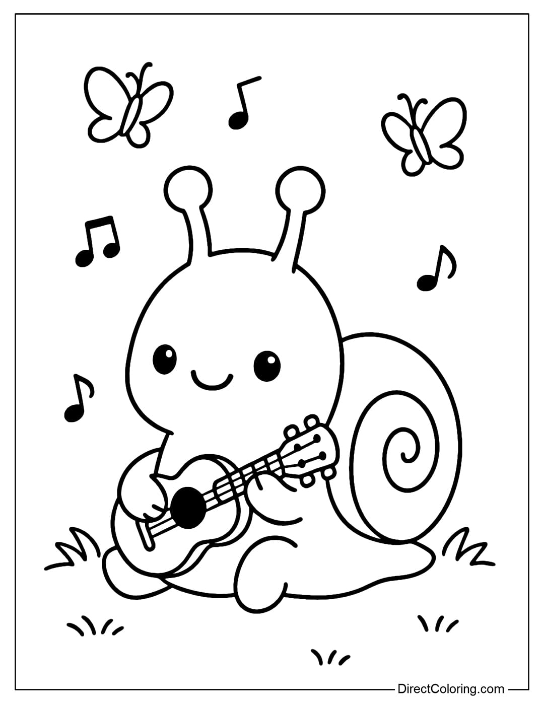 Coloring Page A snail sitting on the grass, playing a small guitar, surrounded by floating musical notes and small butterflies.