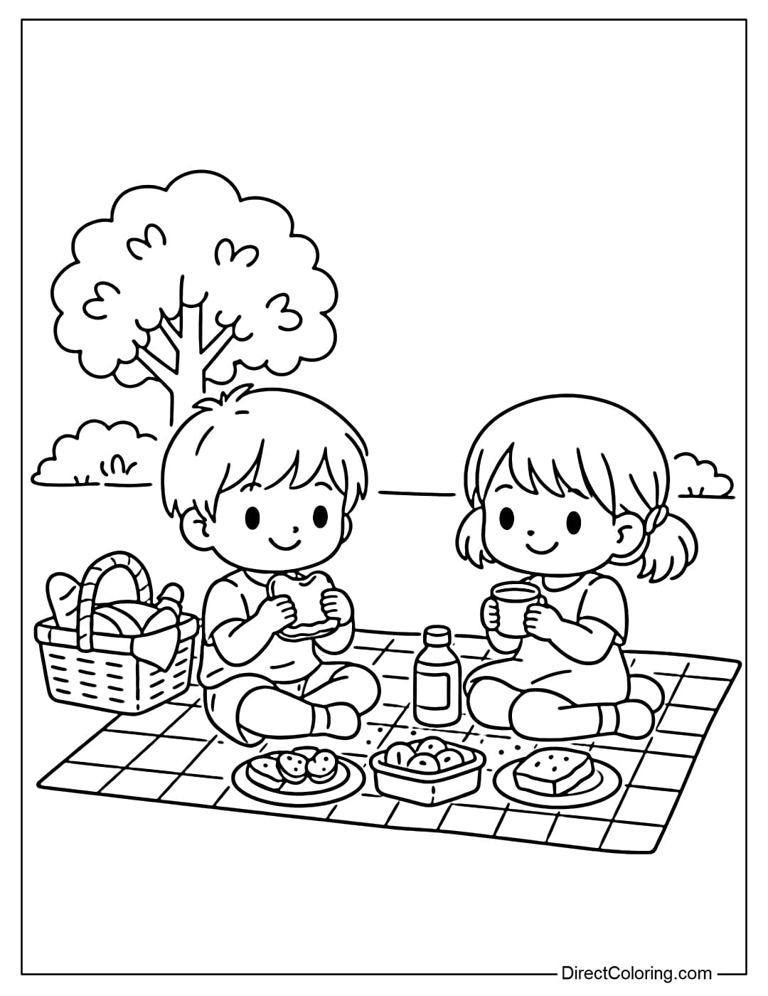 Two children are sitting on a picnic mat, with a basket and a small tree behind them.