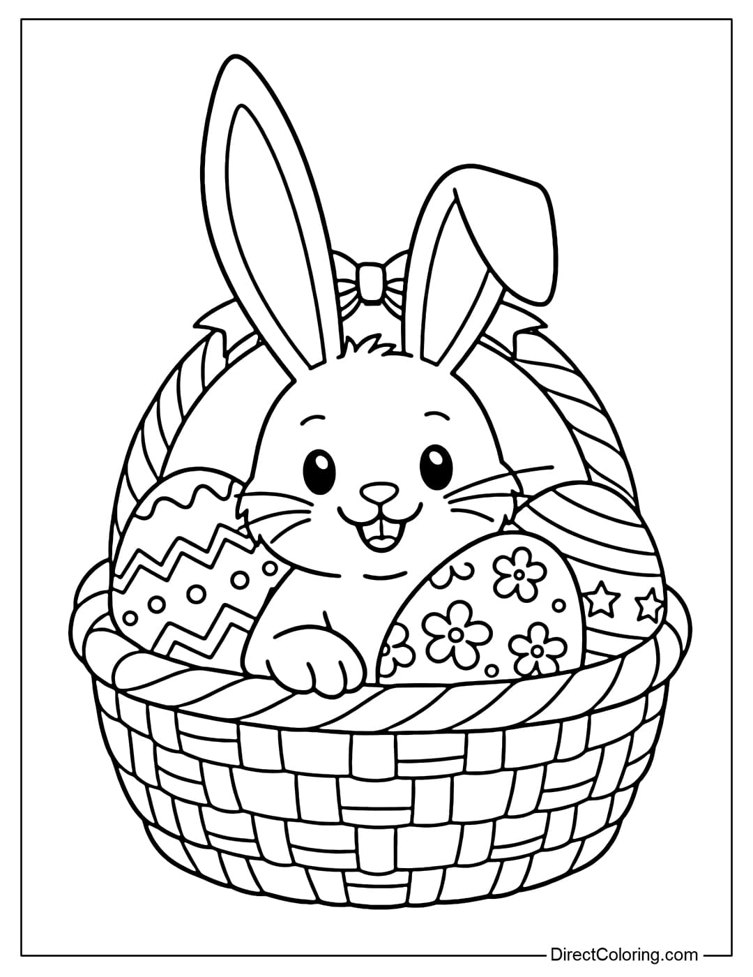 An Easter bunny coloring page with its head peeking out of an egg basket, its long ears raised, and three eggs inside.