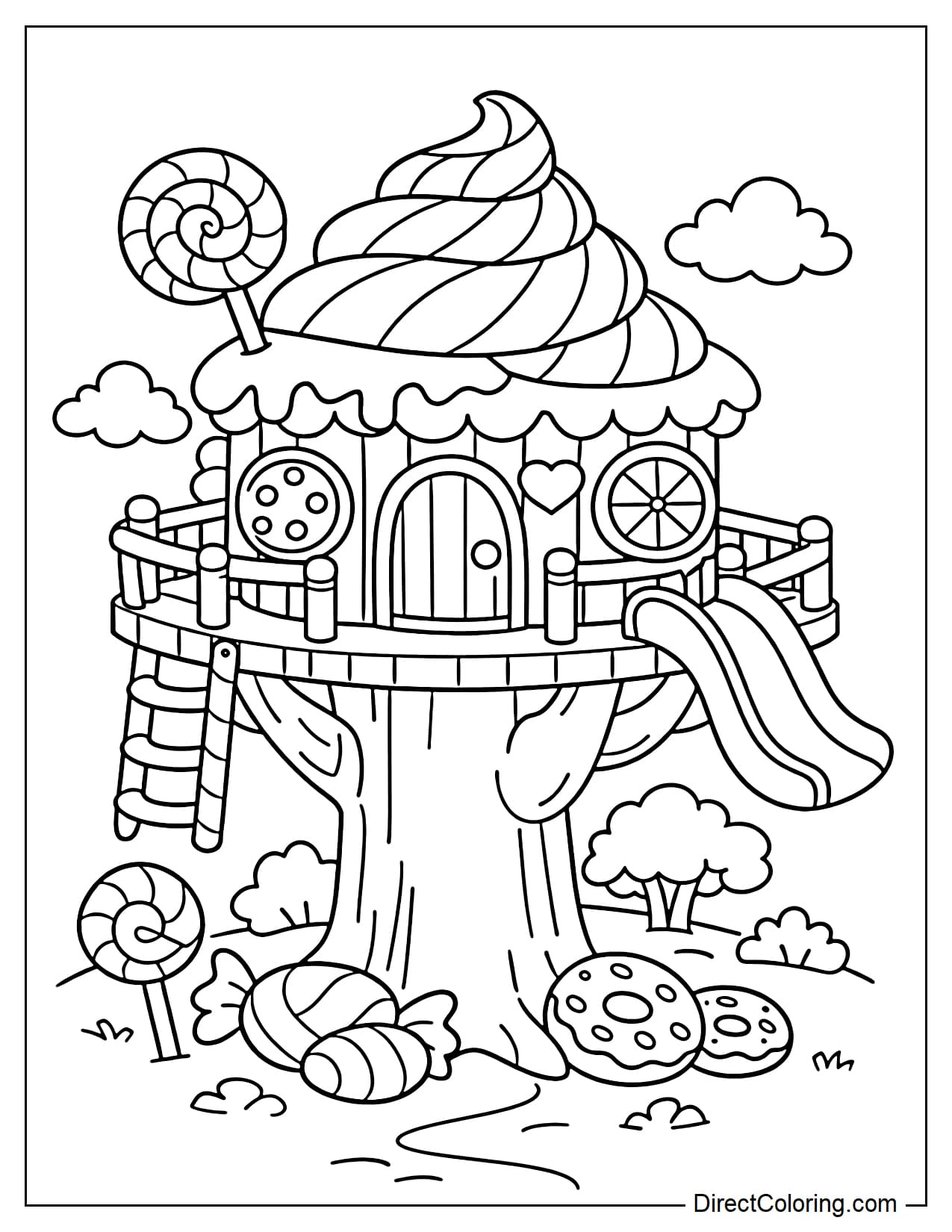 A treehouse designed in a candy style with a twisted candy-shaped roof, round cookie-like windows, and a simple tree trunk.
