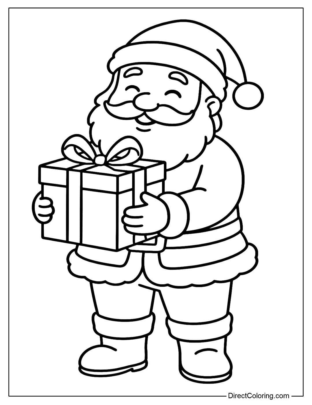 Coloring page of Santa Claus holding a big gift box, a gentle smile, a soft white beard.