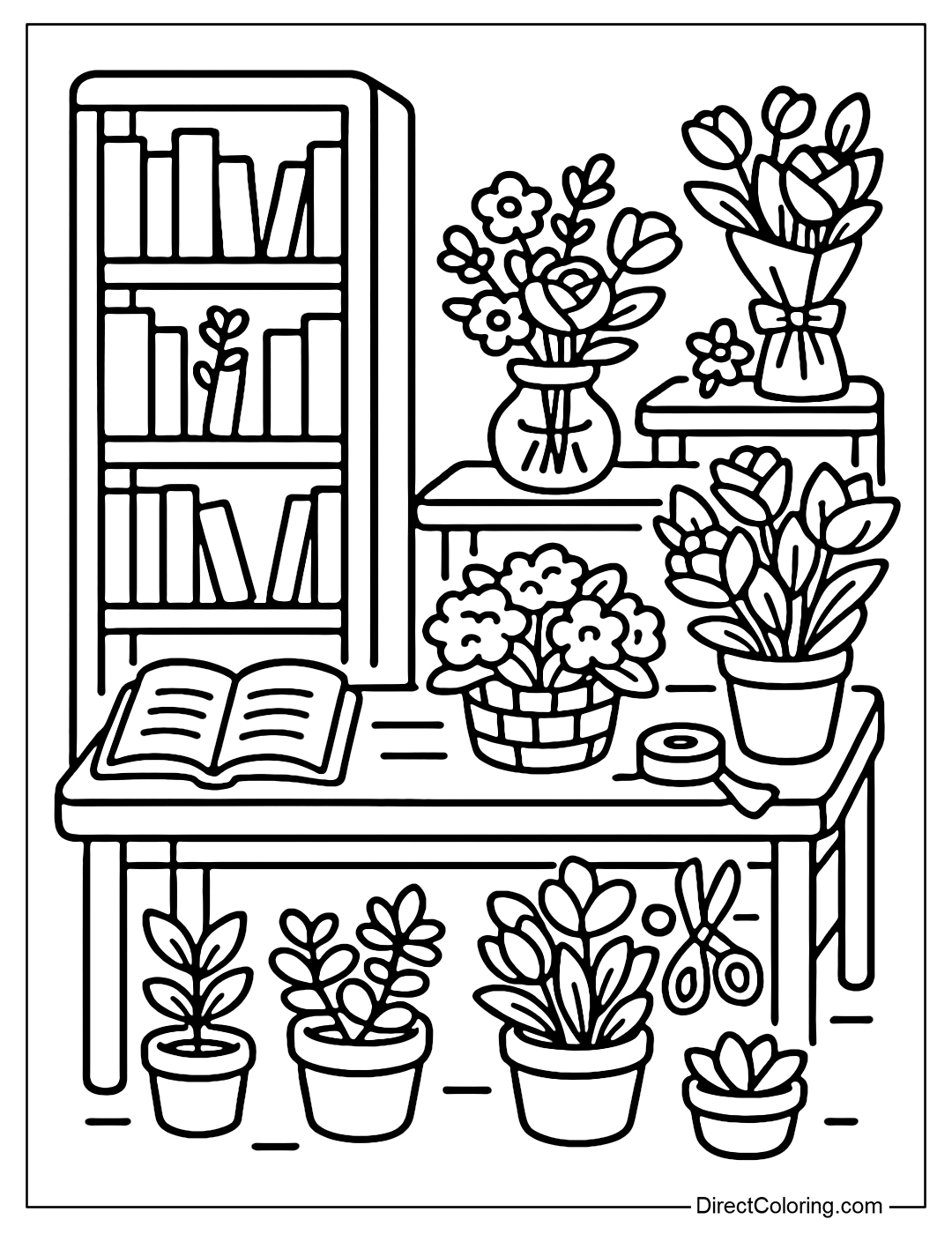 A cozy flower and book shop coloring page, where books and flowers blend together in a poetic little corner.