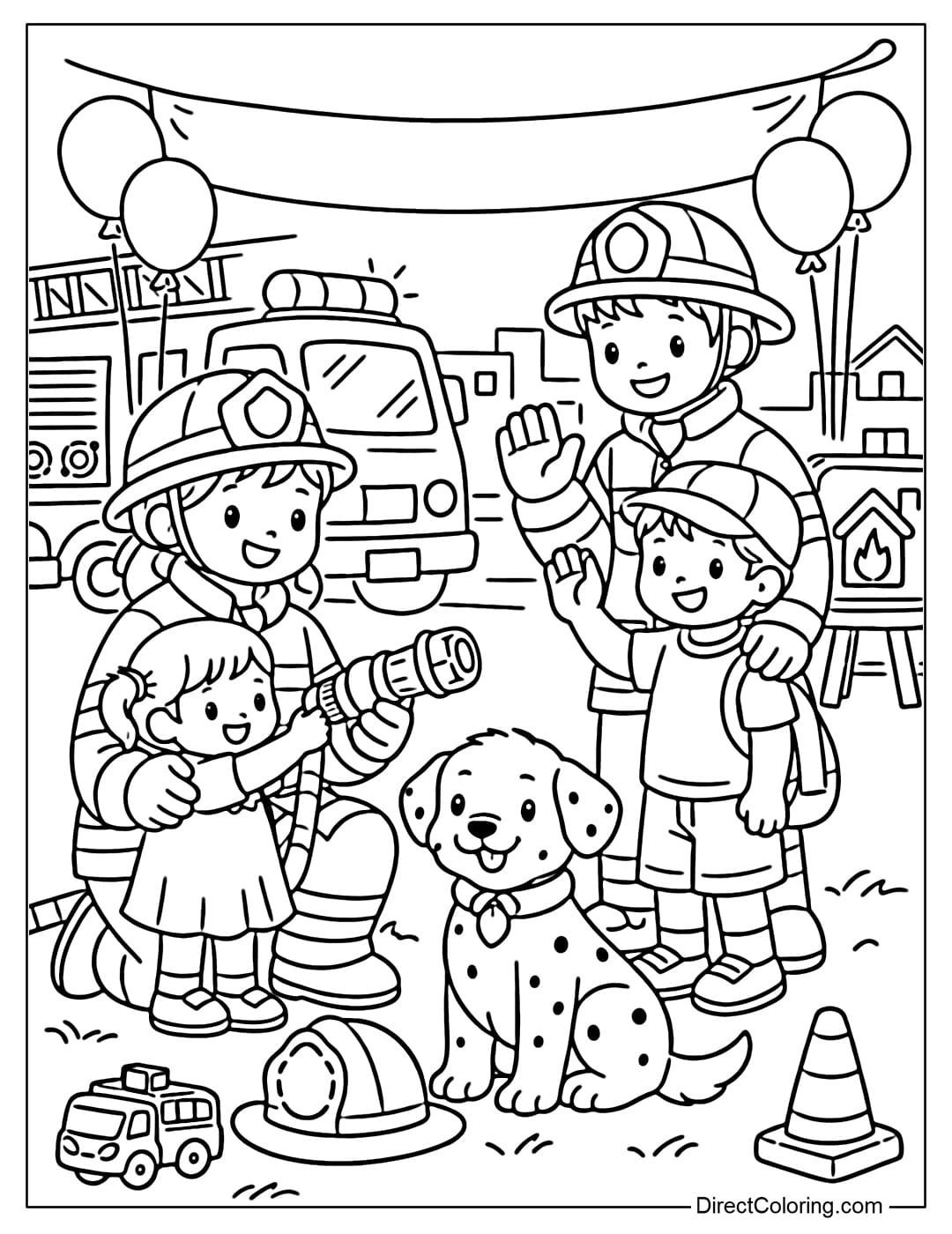 Coloring page of a firefighter visiting the community and interacting with children.