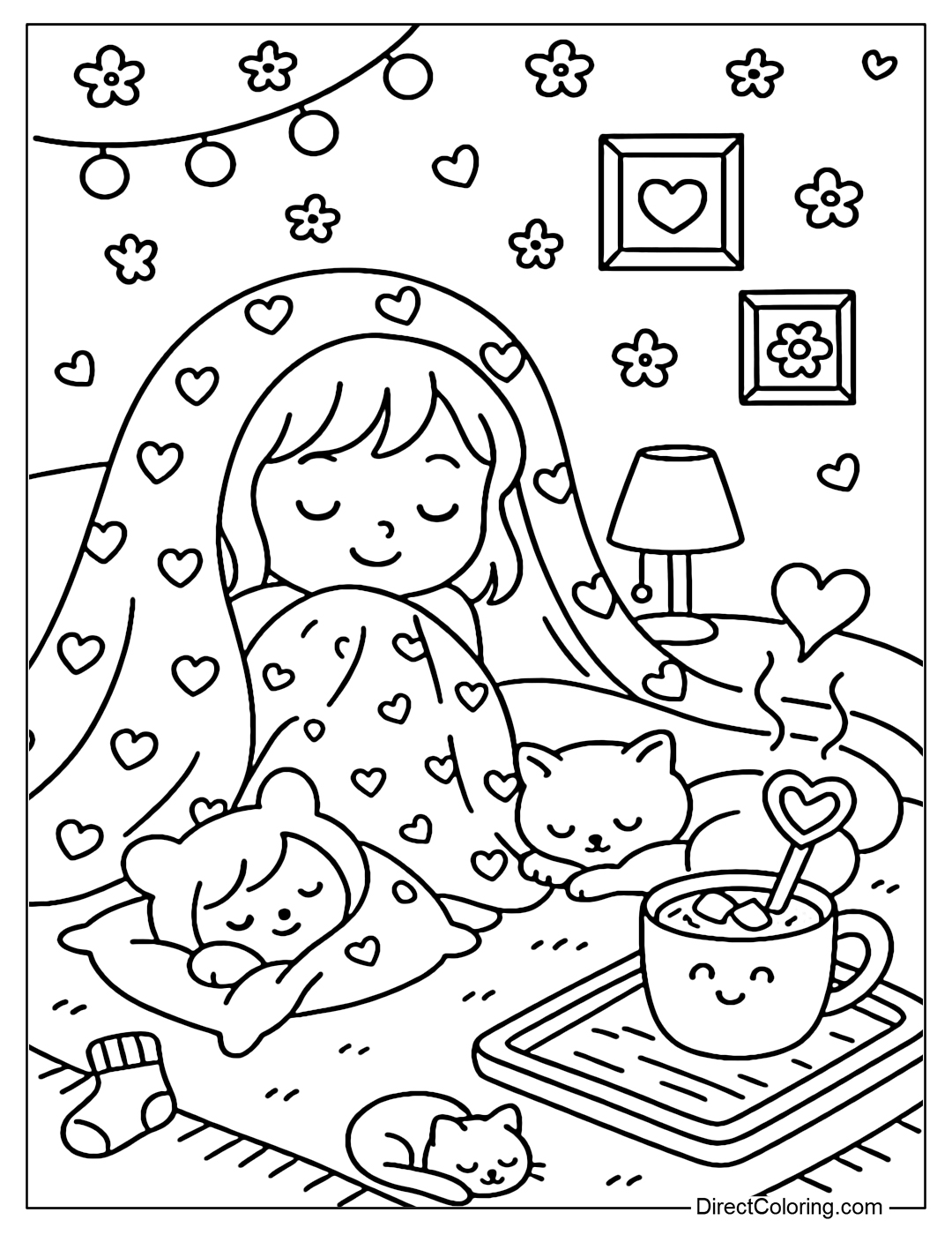 Coloring page of a little girl curled up in a soft blanket, next to a cup of hot cocoa and a sleeping kitten.