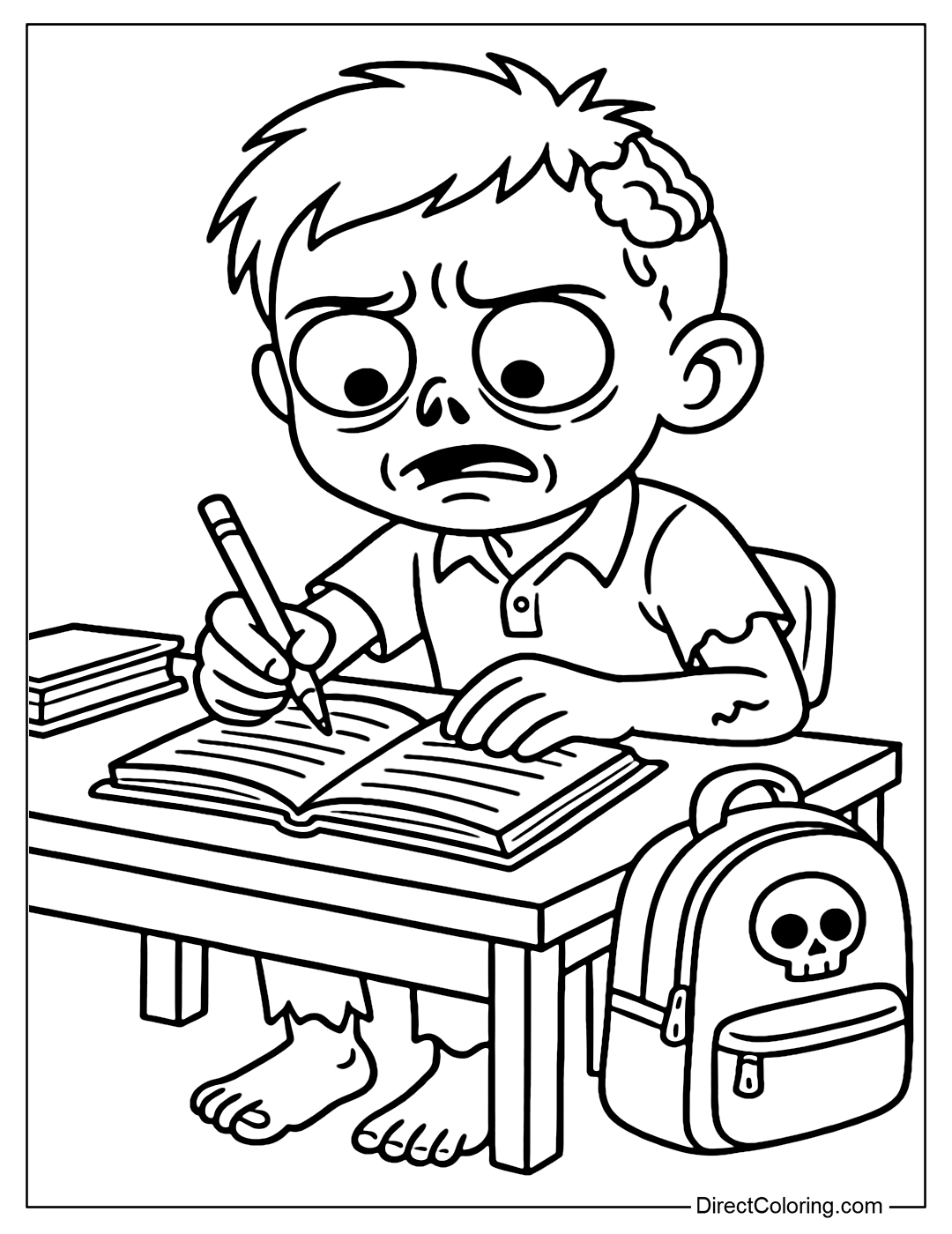 Coloring page of a student zombie doing homework, surrounded by books and a bag with a smiling skull.