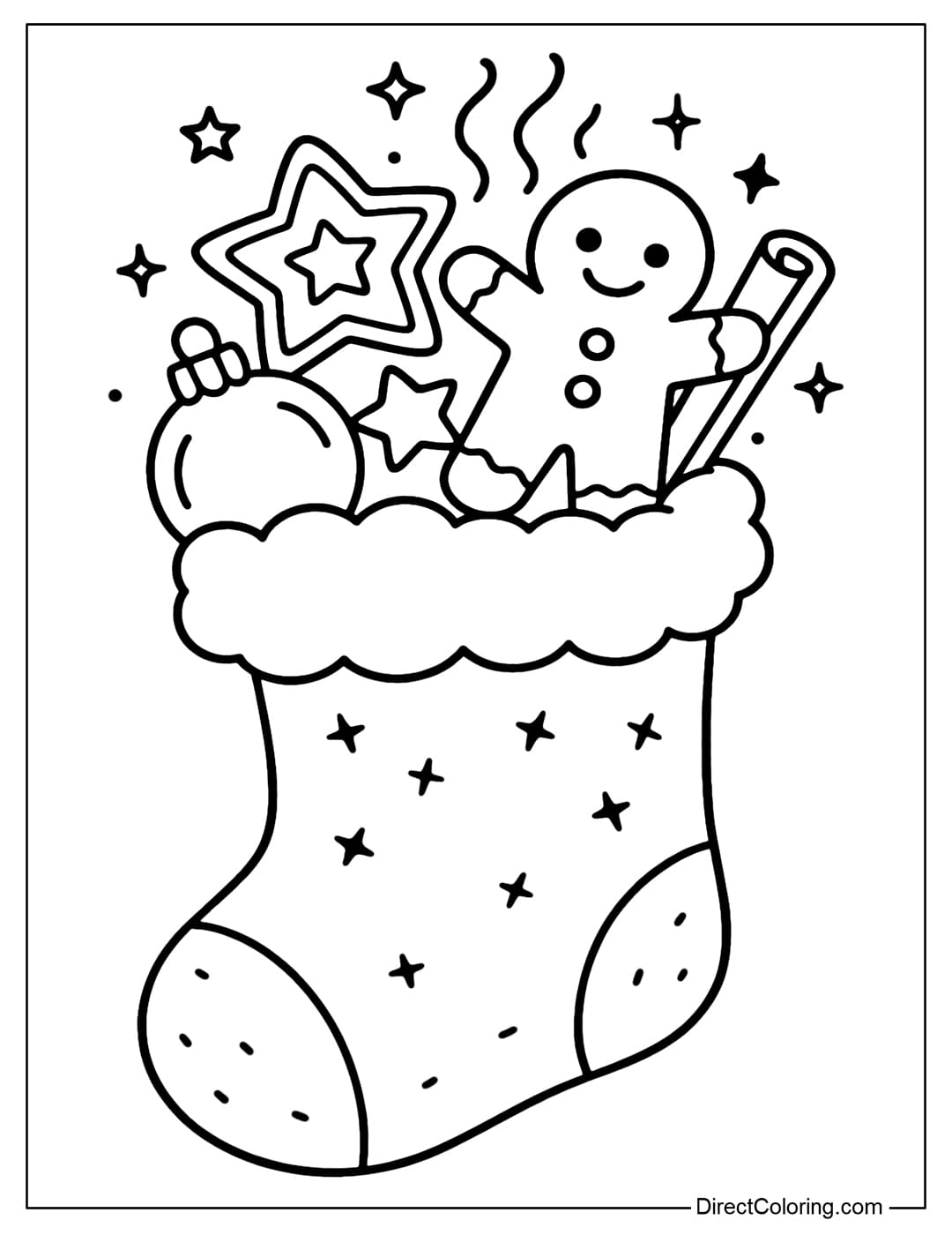 A stocking filled with gingerbread men, candy stars, baubles, and cinnamon sticks.