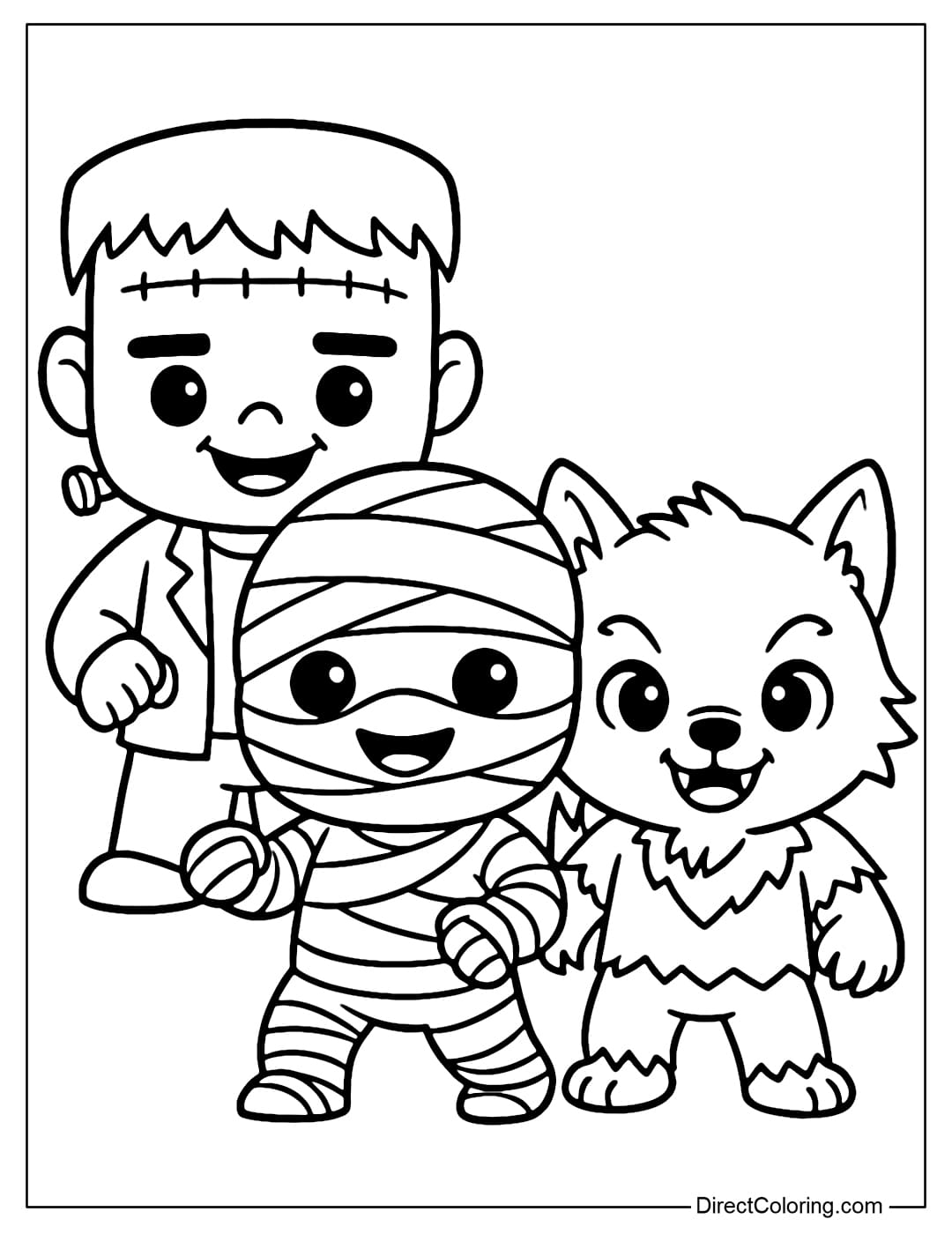 A cute monster group coloring page: Frankenstein, mummy, werewolf but in chibi style.