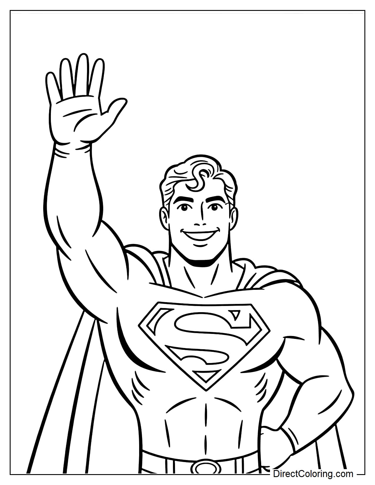 Superman's half-body in the center with a big, bright smile, one hand slightly raised in front, a clear and friendly face.