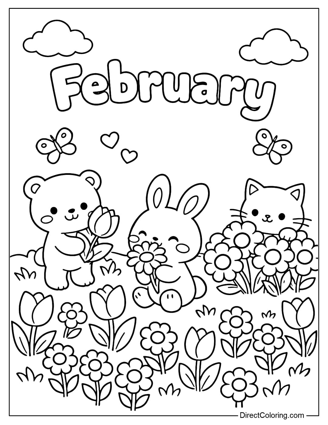 A coloring page of a February garden with gently blooming flowers, combined with cute characters like bears, rabbits, and kittens playing with the flowers.