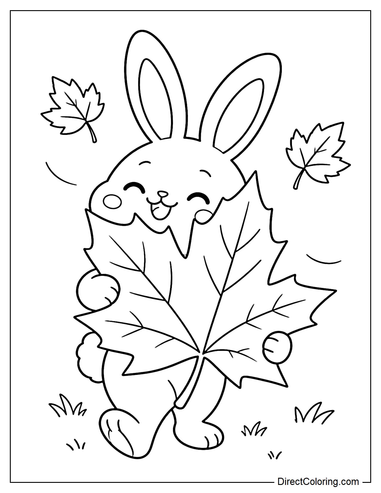A cute little bunny hugging a giant autumn maple leaf in front of its body, with the leaf nearly as large as the bunny itself.