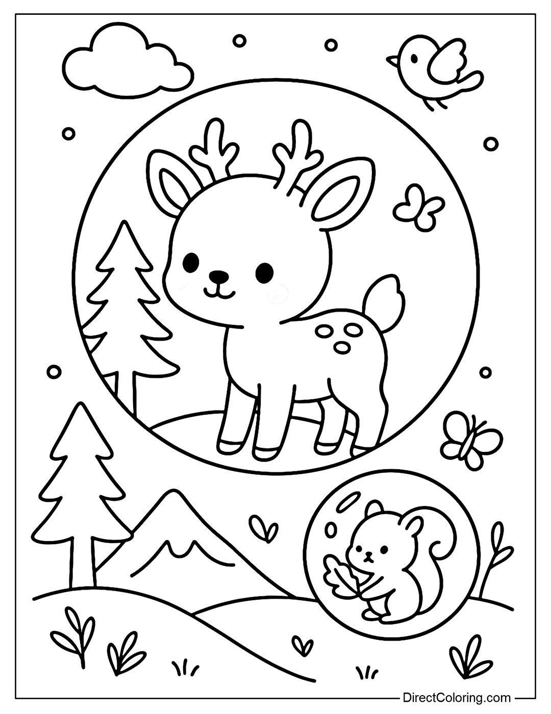 A large soap bubble coloring page contains a baby deer standing under a small mountain. Outside the bubble there are pine trees, cotton clouds and small birds. Small bubbles contain mini squirrels, leaves, small butterflies.