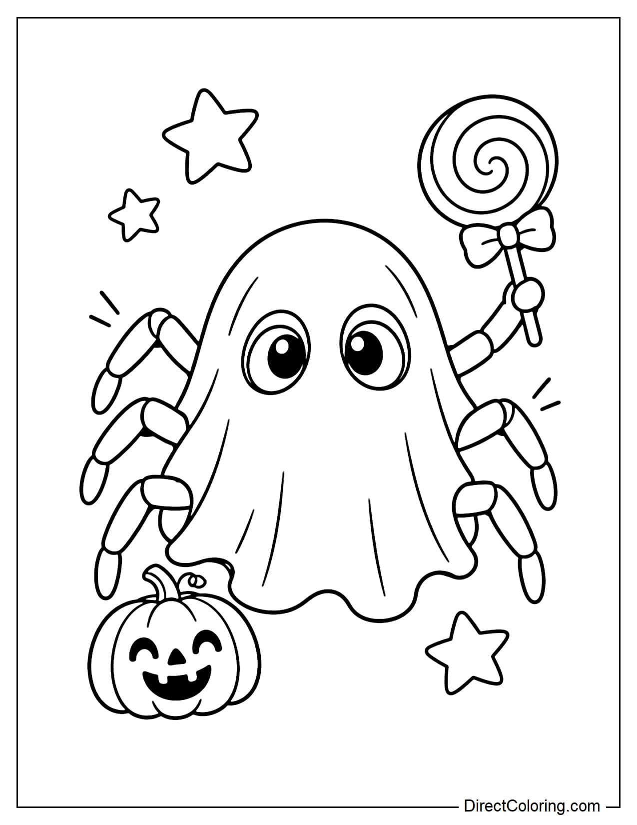 A playful spider wears a ghost costume with all eight legs sticking out, its big eyes peeking through two holes while one leg holds a large lollipop.