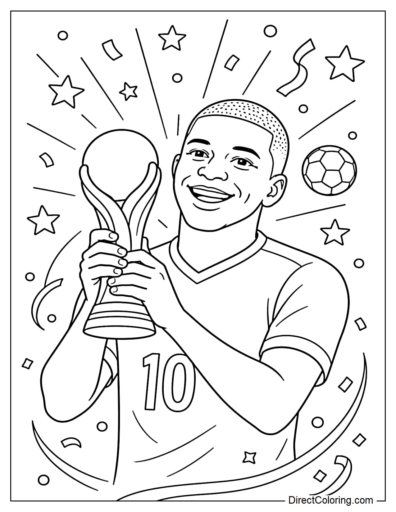 Kylian Mbappé's upper body, wearing the number 10 jersey, holding the World Cup trophy in his arms.